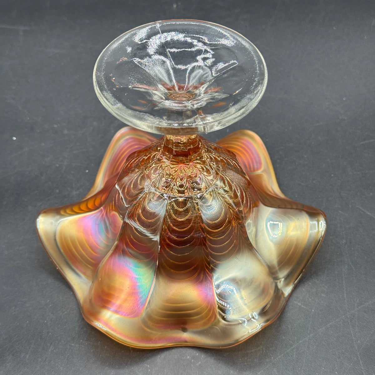 Vintage Fenton Peacock Tail Carnival Glass Ruffled Compote