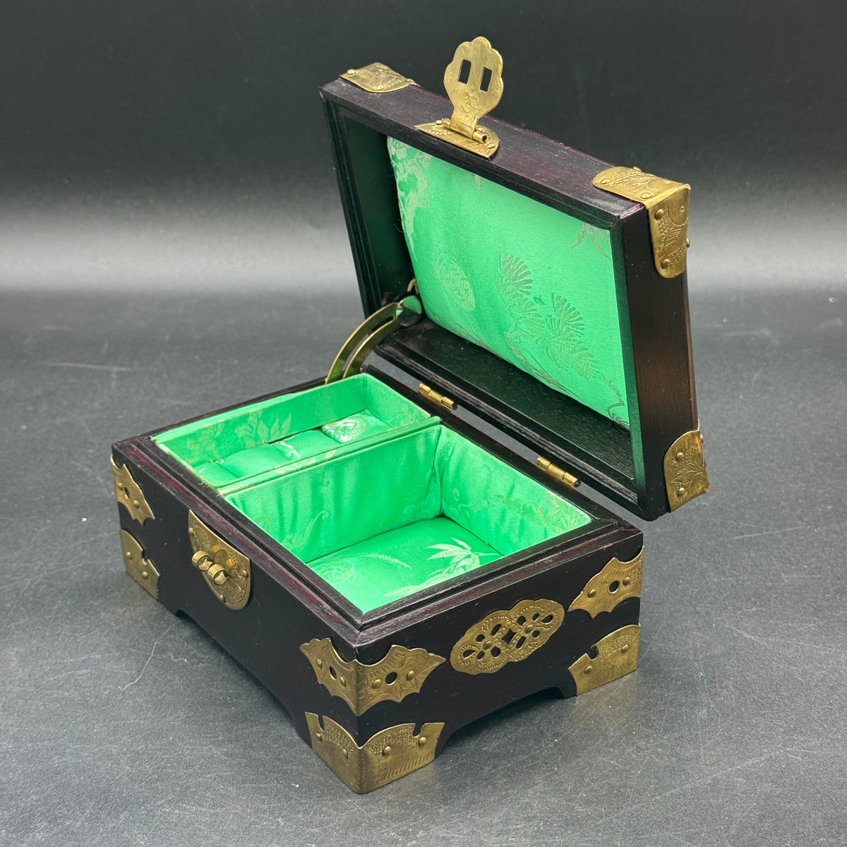 Vintage Ornate Chinese Jewelry Box with Carved Jade Medallion & Brass Accents