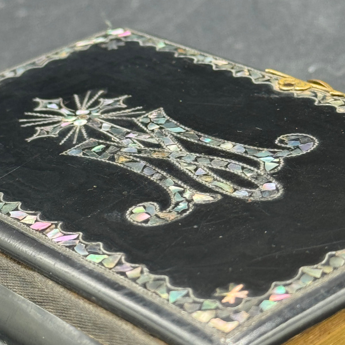 Antique 1882 Portuguese Bible with Gold Trim, Brass, Celluloid & Inlaid Abalone
