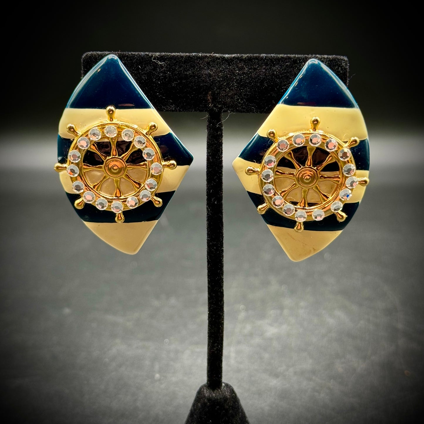 Vintage Nautical Design Enamel and Rhinestone Earrings