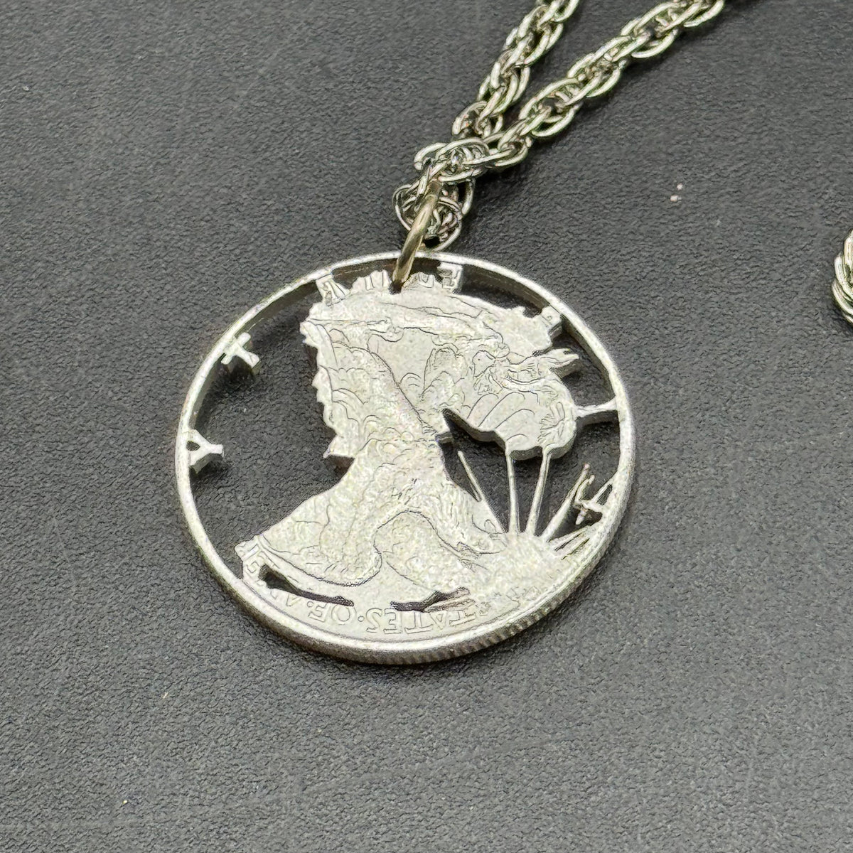 Carved 1942 Silver Liberty Coin Necklace on Silver Tone Chain