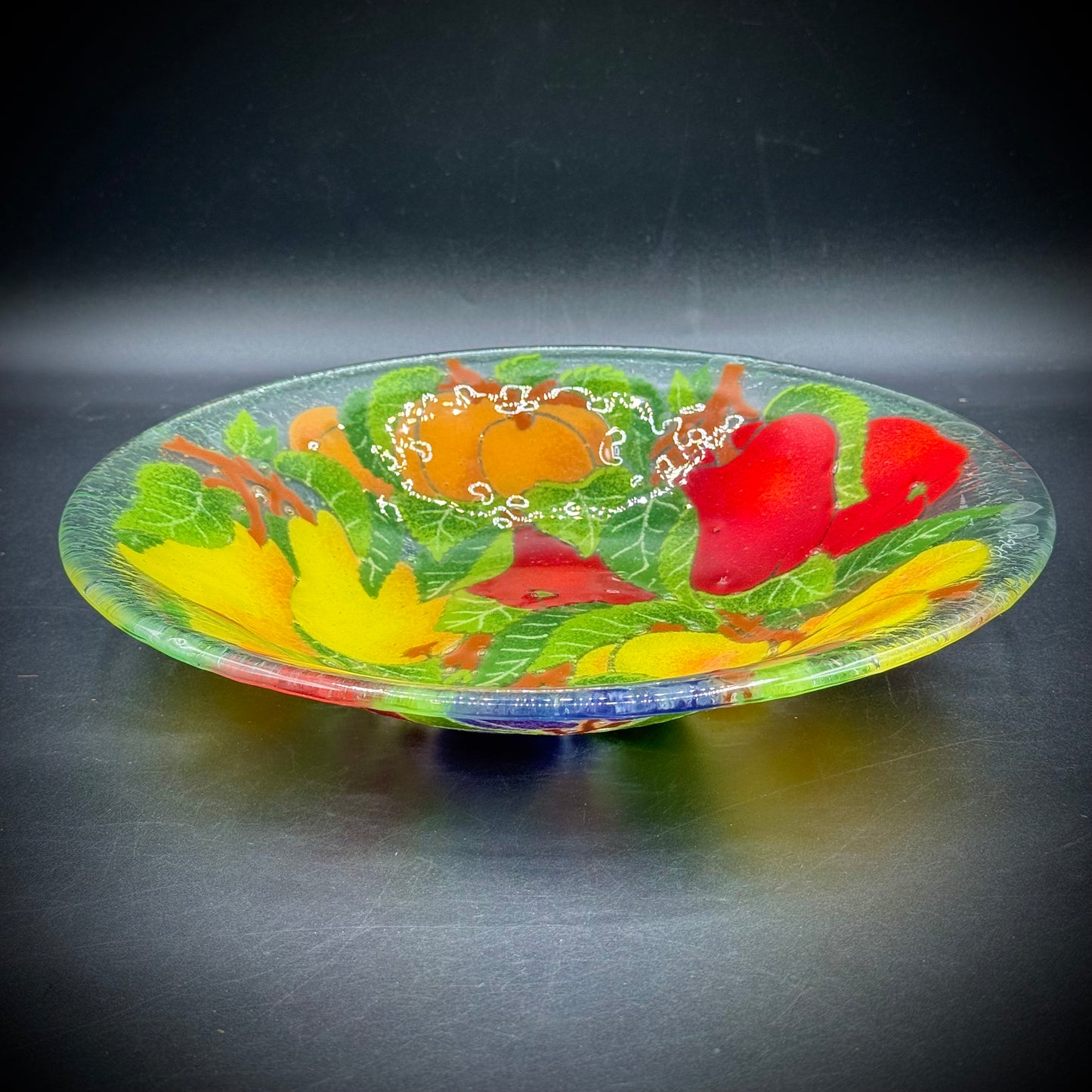 Artist Peggy Karr Signed Large Round Fruit Motif Art Glass Dish