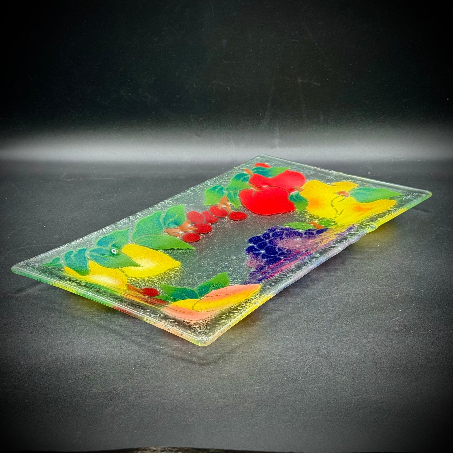 Artist Peggy Karr Signed Fruit Motif Art Glass Platter