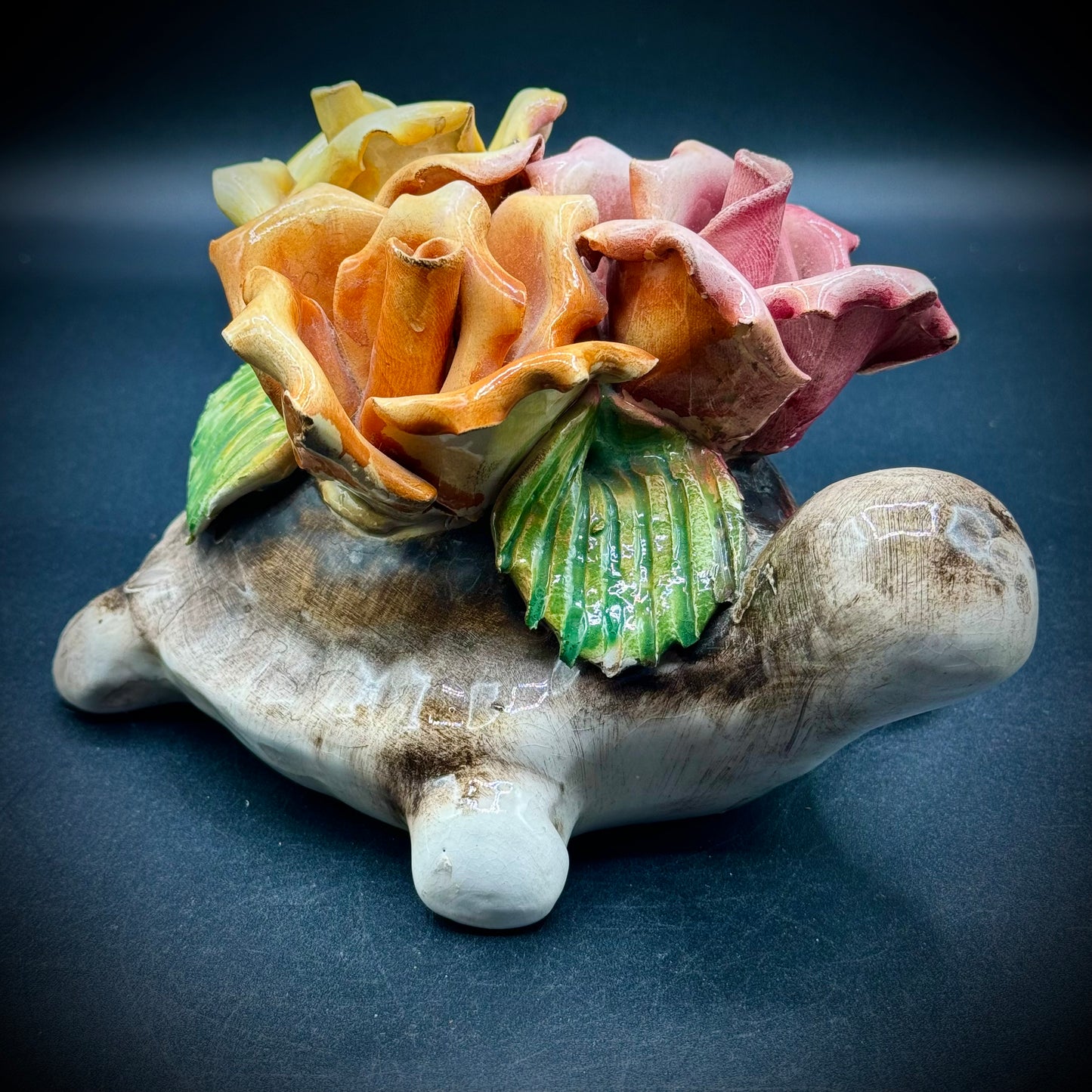 Vintage Capodimonte Porcelain Rose Flower Turtle Italy