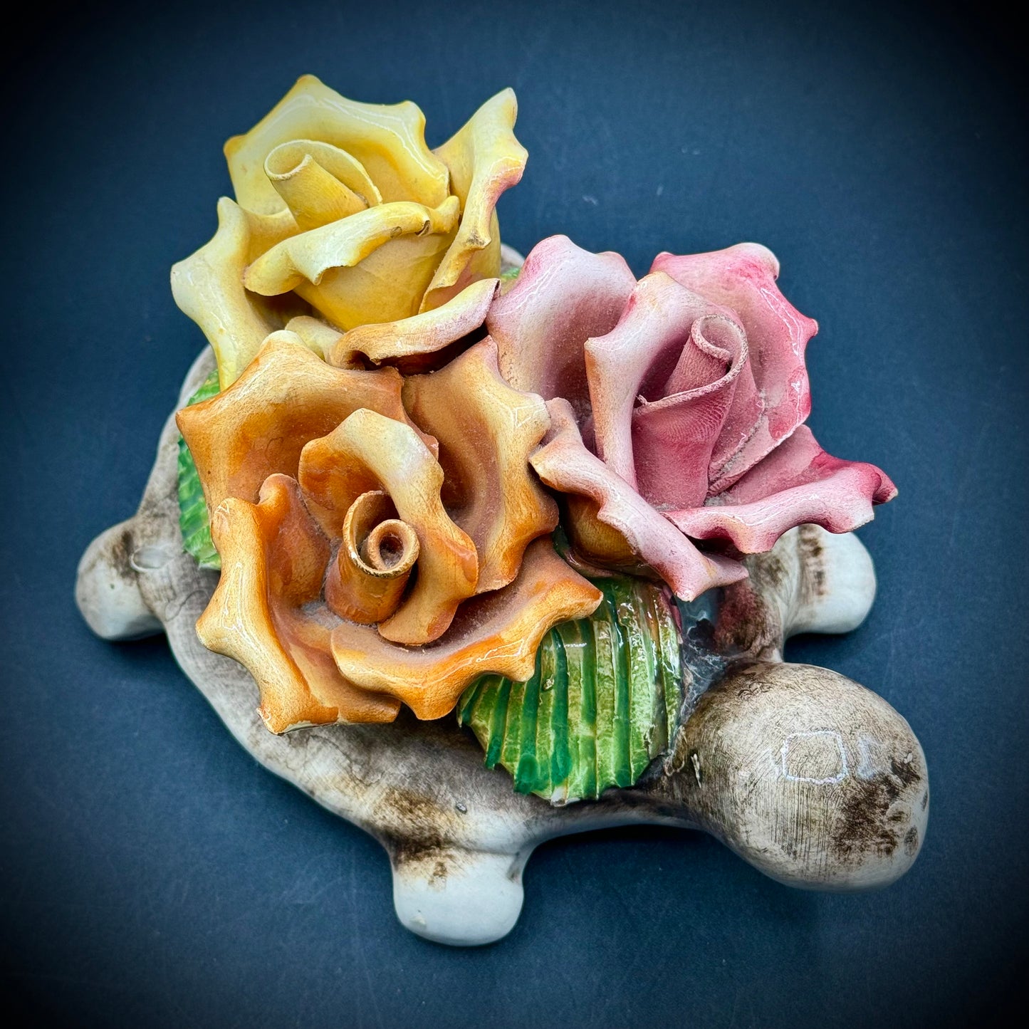 Vintage Capodimonte Porcelain Rose Flower Turtle Italy