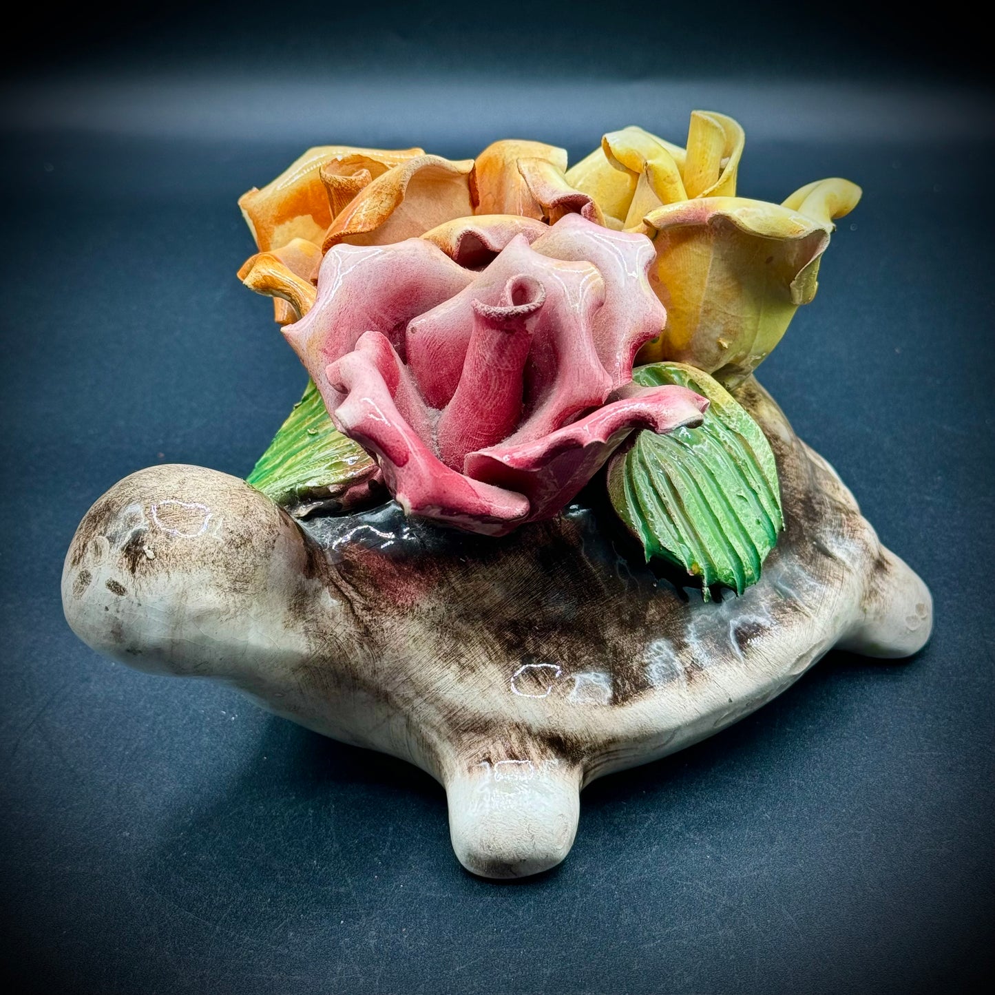 Vintage Capodimonte Porcelain Rose Flower Turtle Italy