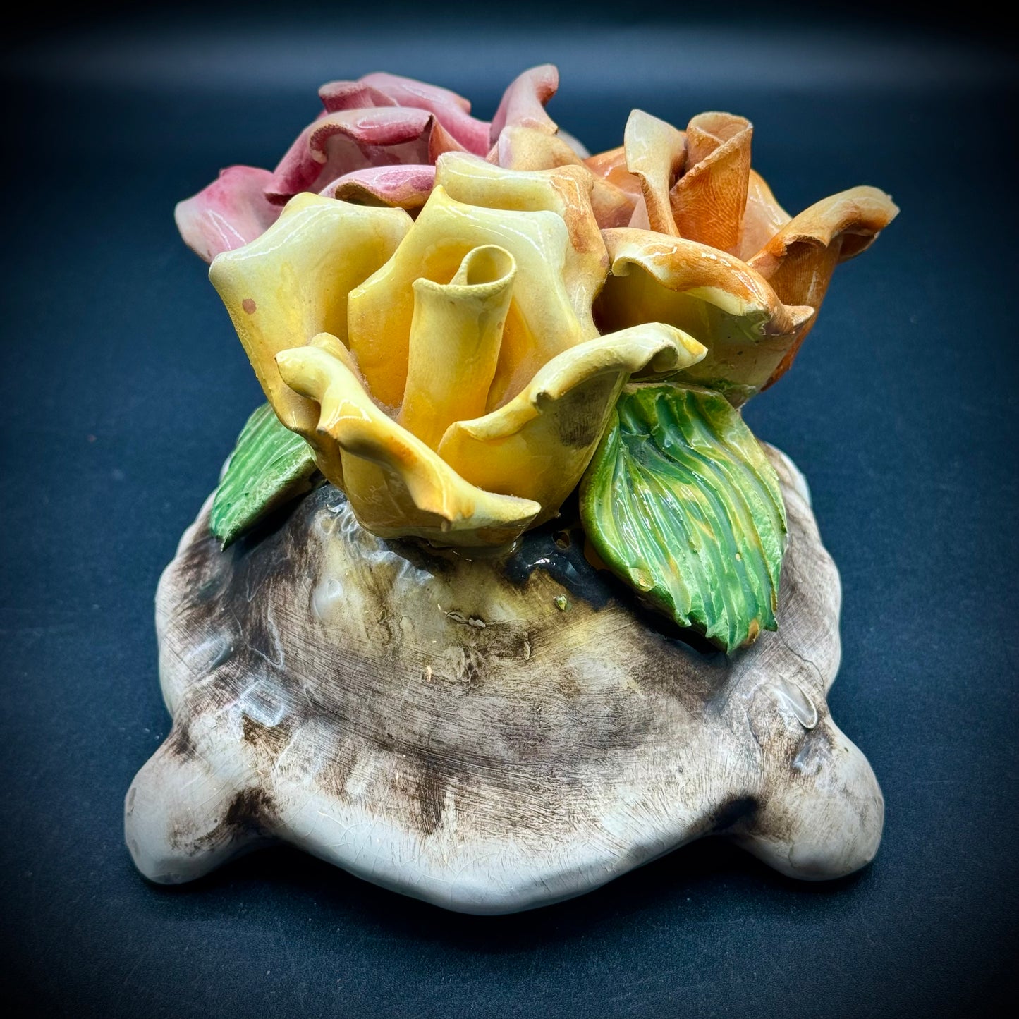 Vintage Capodimonte Porcelain Rose Flower Turtle Italy