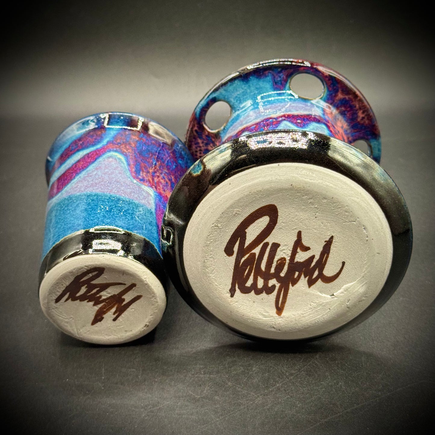 Artist Rick Petteford Signed Drip Glaze Pottery Cup & Toothbrush Holder