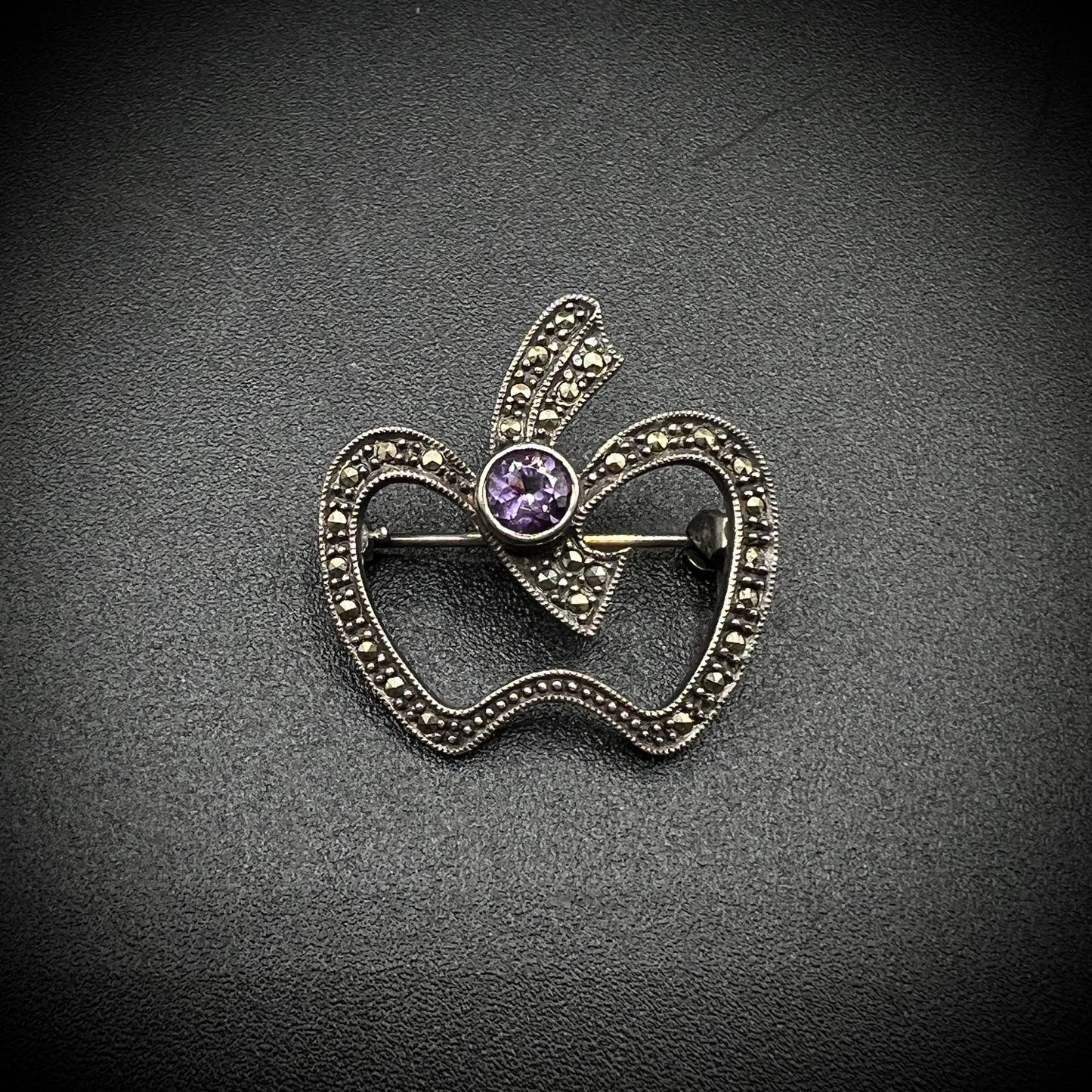 Sterling Silver Amethyst & Marcasite Apple Motif Pin