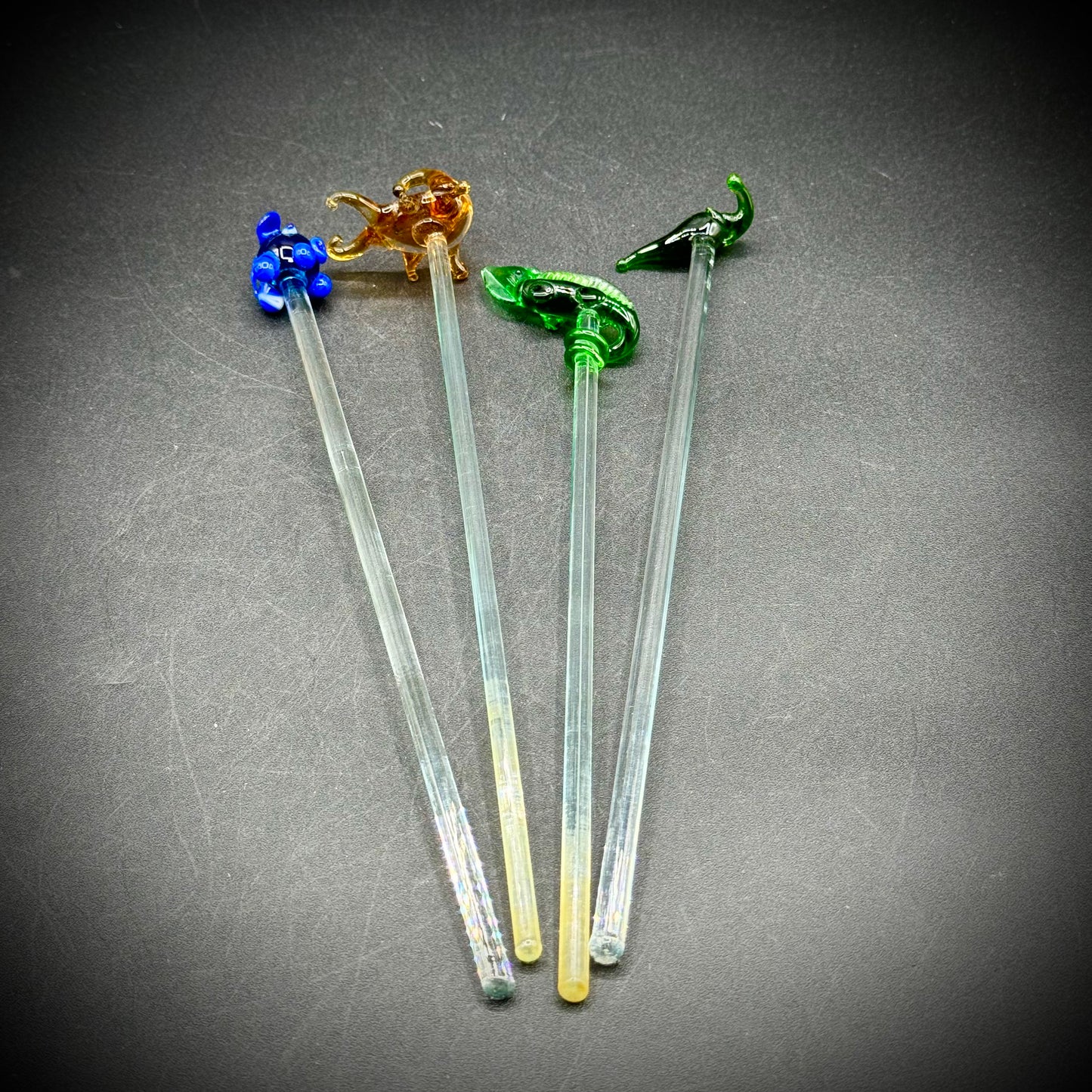 Set of 4 Vintage Hand Blown Creature Theme Cocktail Stirrers