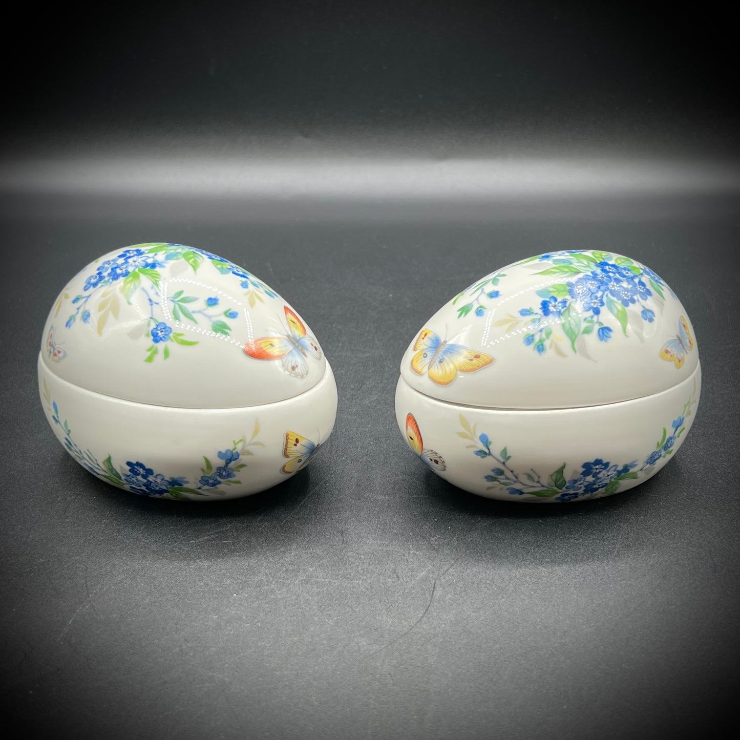 Pair of Limoges Butterly Egg Lidded Porcelain Boxes