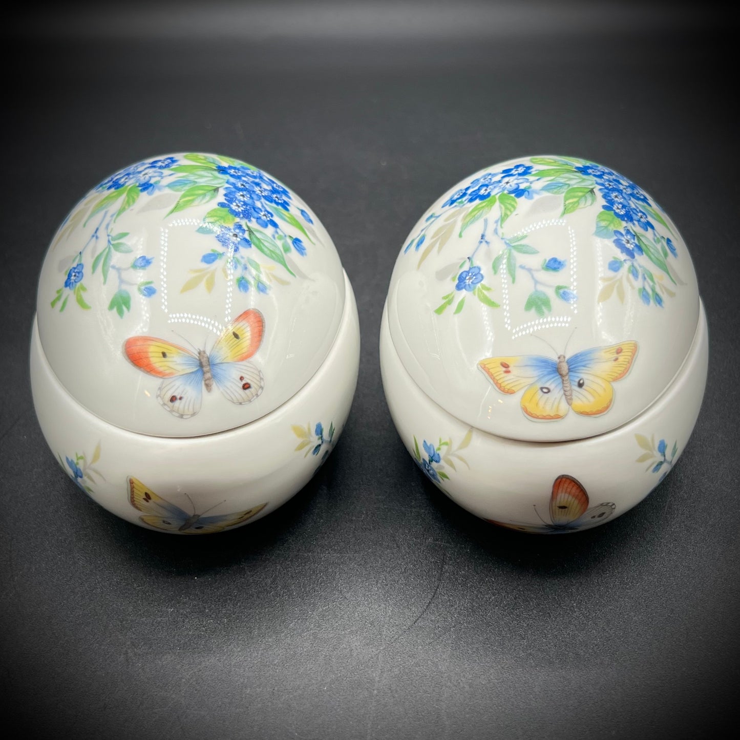 Pair of Limoges Butterly Egg Lidded Porcelain Boxes