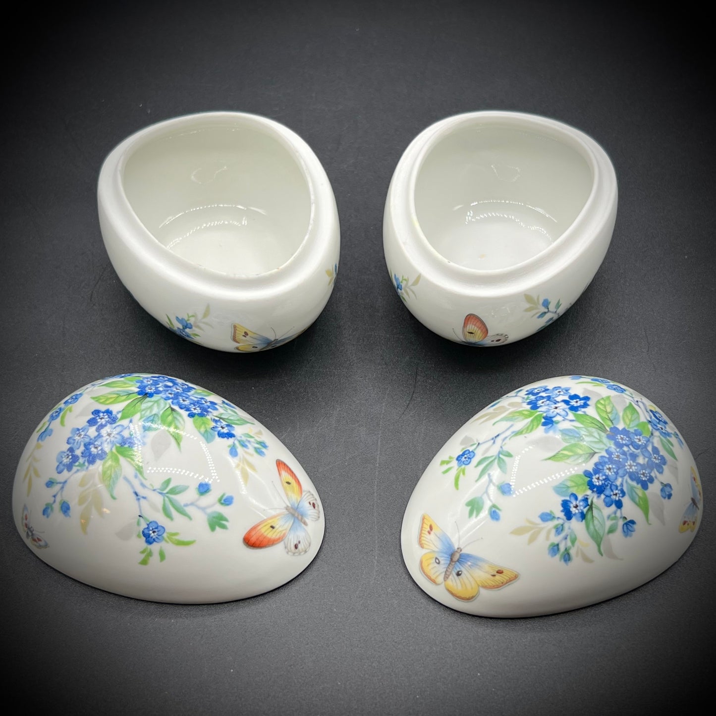 Pair of Limoges Butterly Egg Lidded Porcelain Boxes