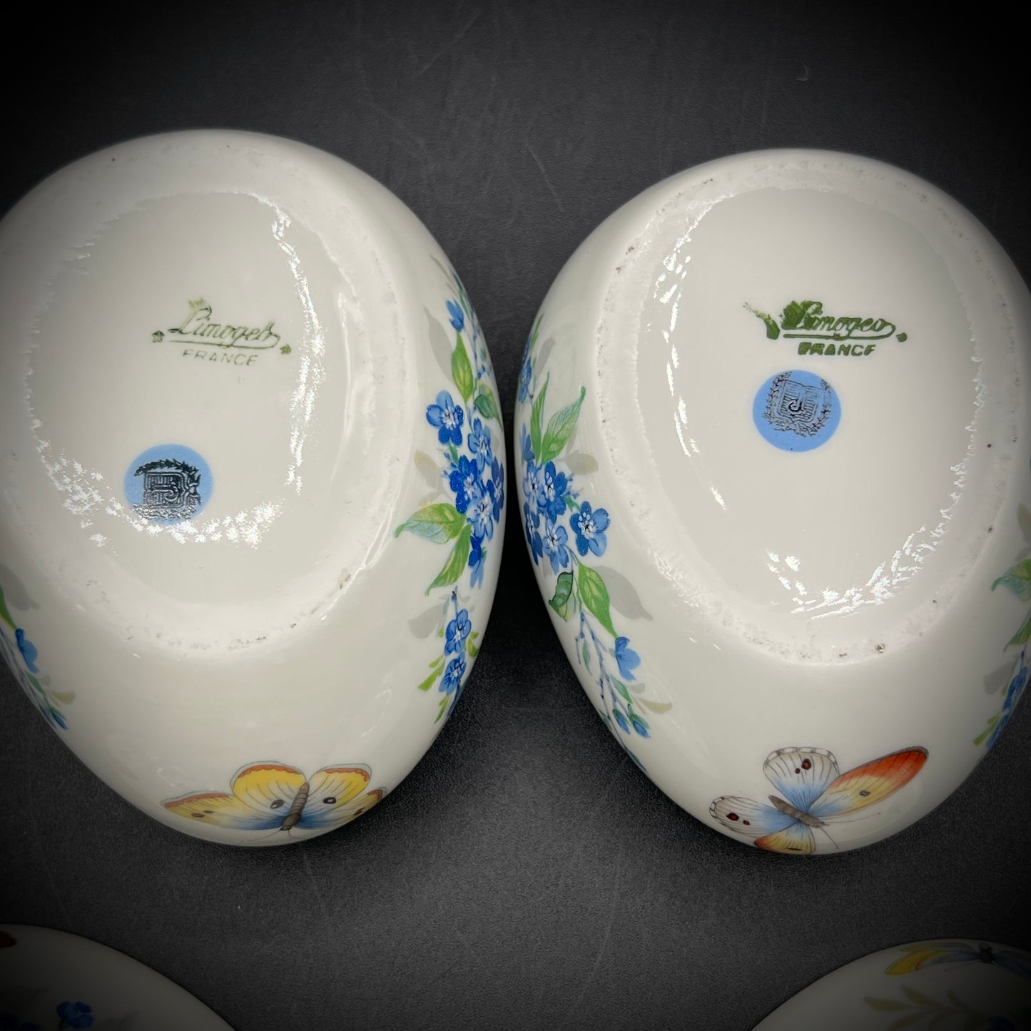 Pair of Limoges Butterly Egg Lidded Porcelain Boxes