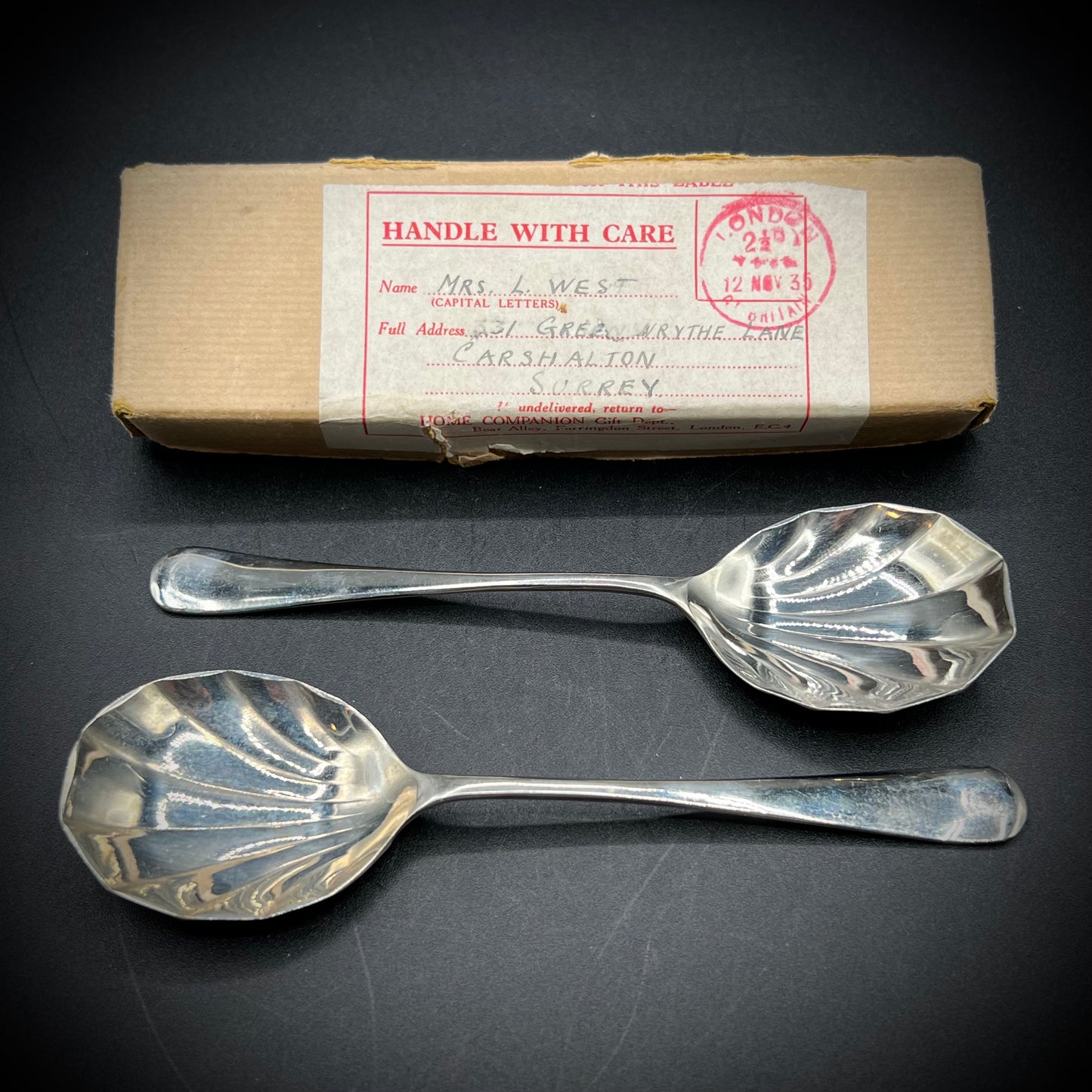 Pair of Antique Sheffield Shell Design Spoons with 1935 London Box
