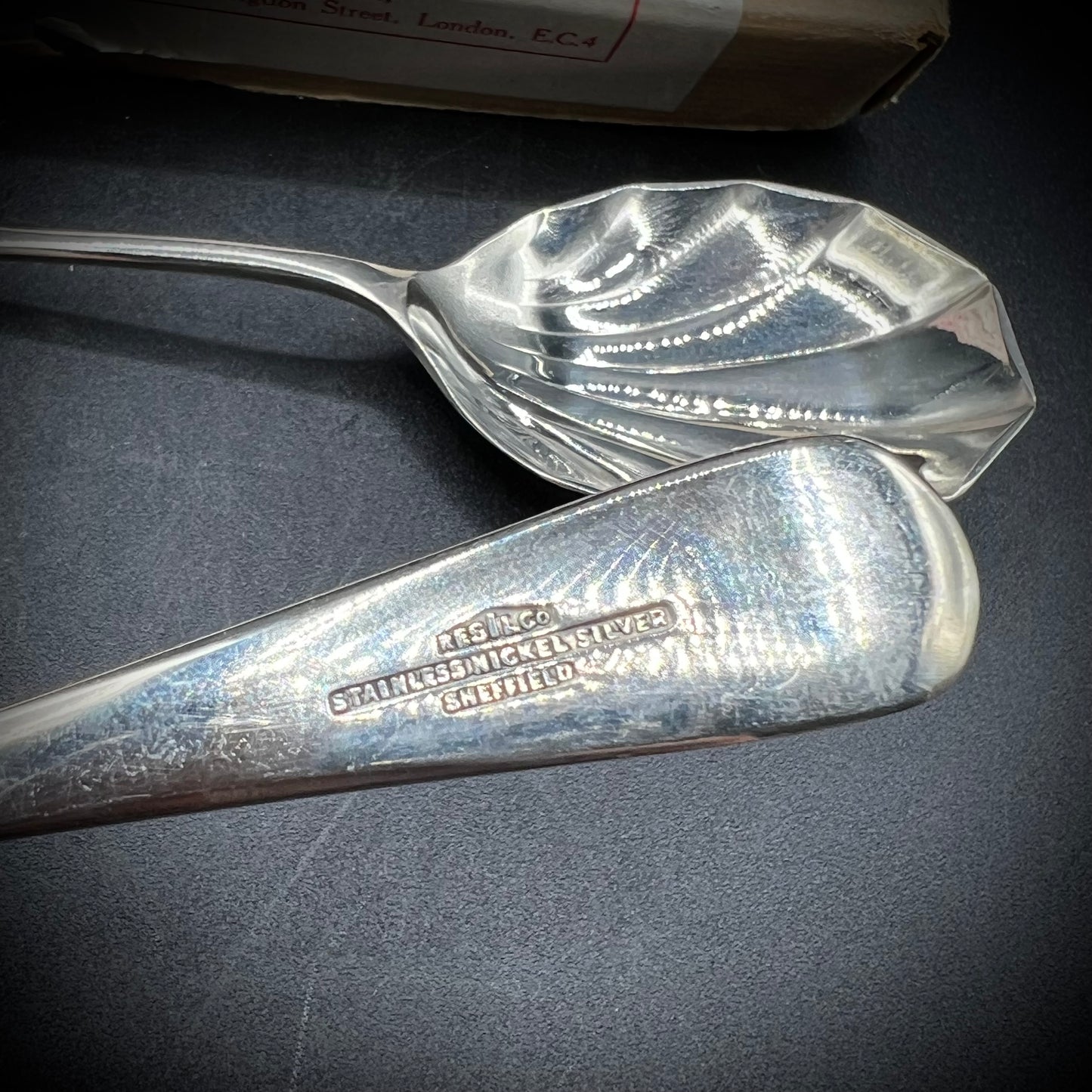 Pair of Antique Sheffield Shell Design Spoons with 1935 London Box