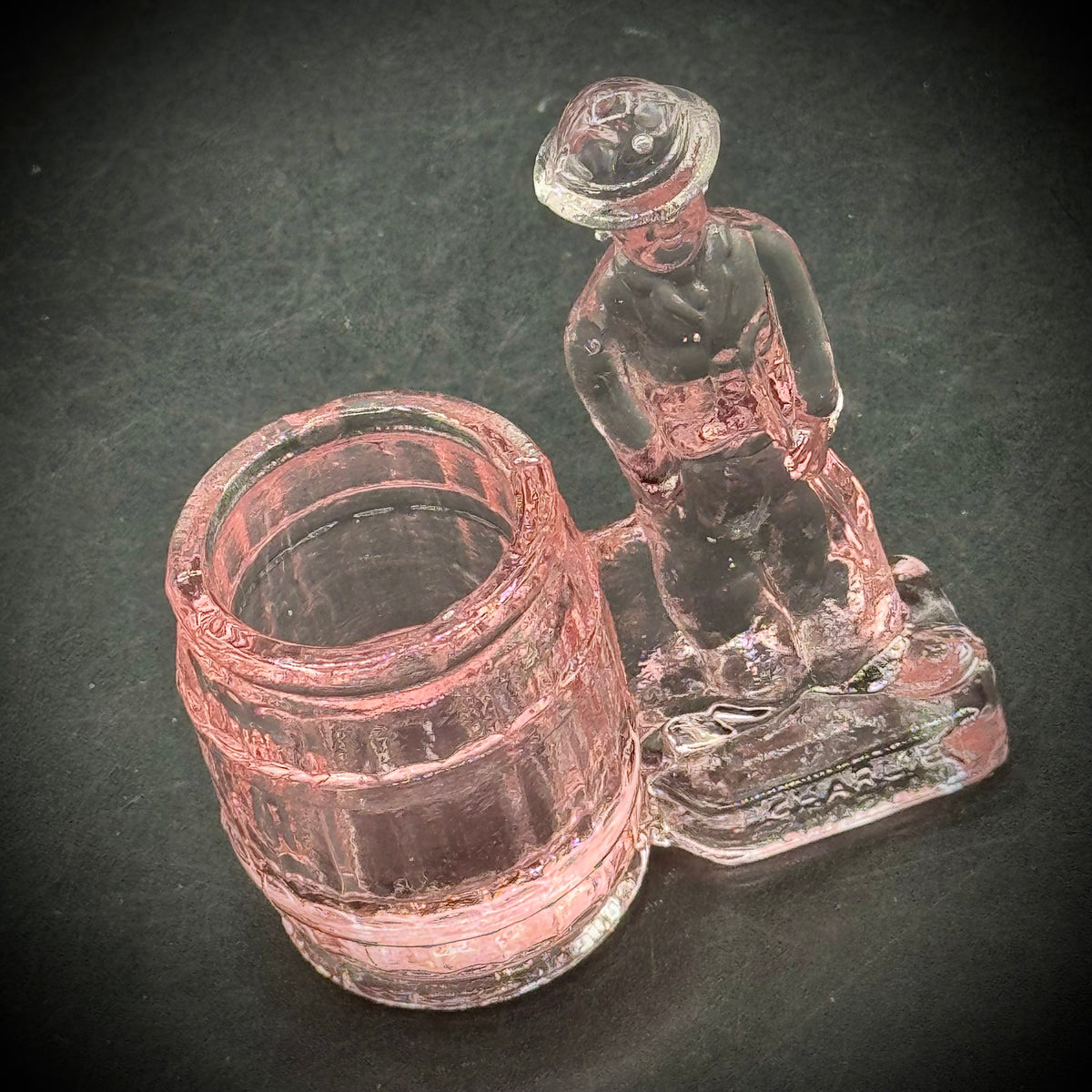 Vintage 1930s Pink Depression Glass Charlie Chaplin & Barrel Toothpick Holder