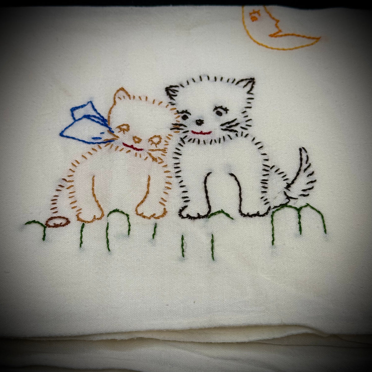 Hand Embroidered Kittens & Half Moon Large Tea Towel