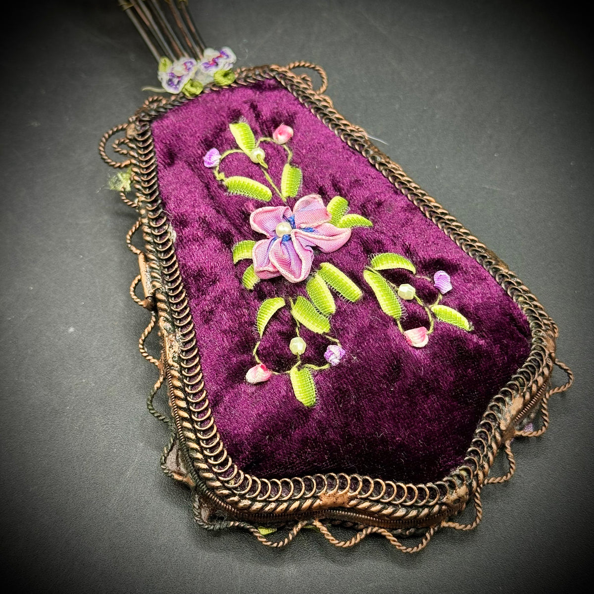 Vintage Ornate Maroon Velvet Hand Mirror with Flower Motif