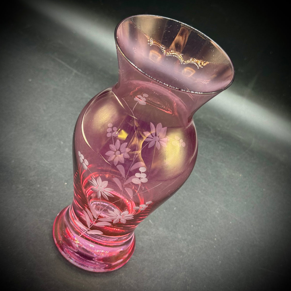 Etched Pink Vase with Flower Motif