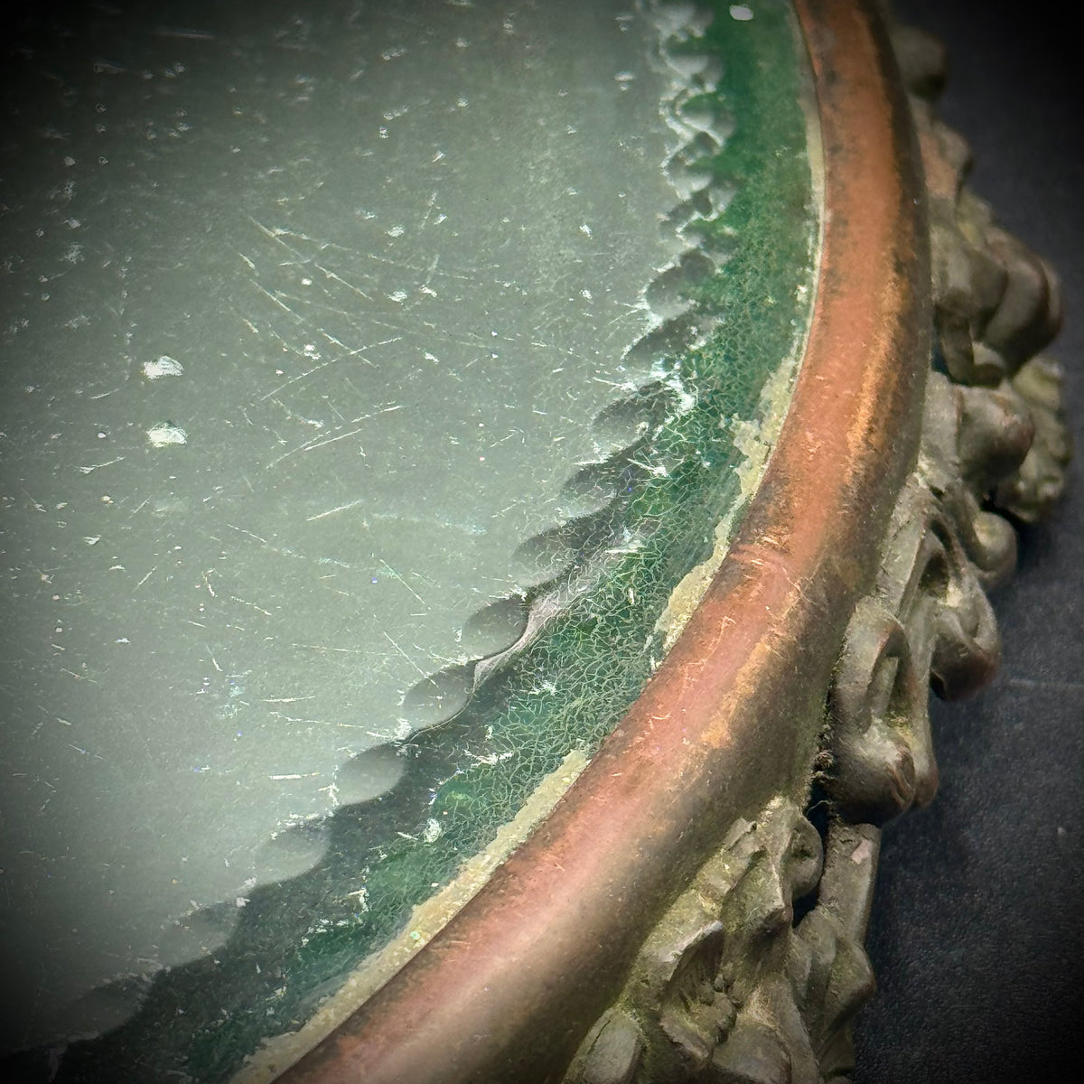 Antique Beveled Edge Large Round Mirror with Ornate Metal Scrollwork