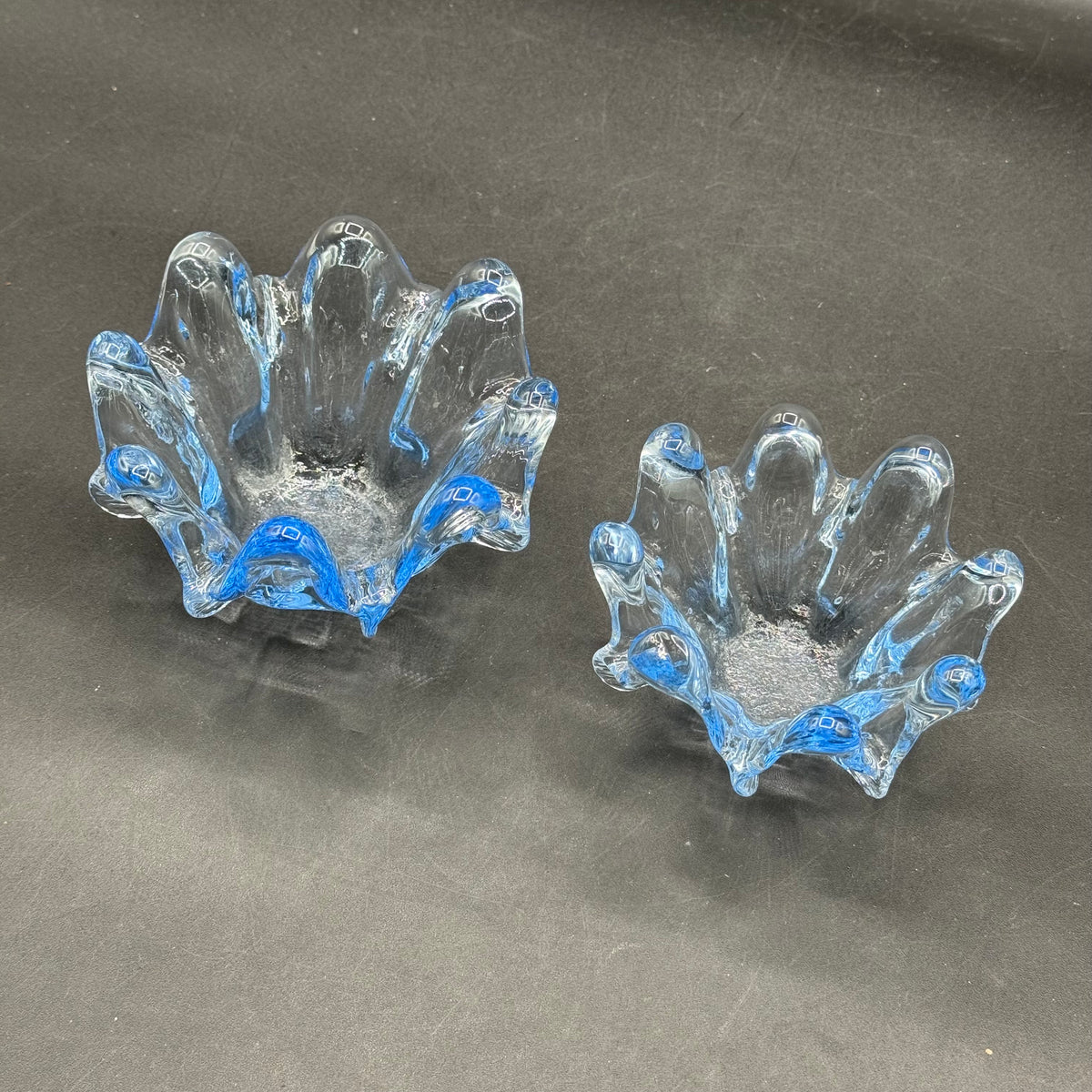 Pair of Vintage Periwinkle Blue Murano Art Glass Swung Bowls