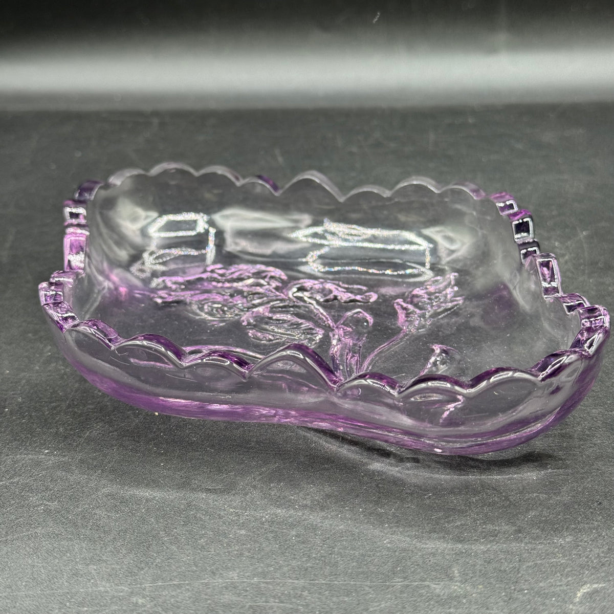 Vintage Purple Glass Dish with Flower Motif