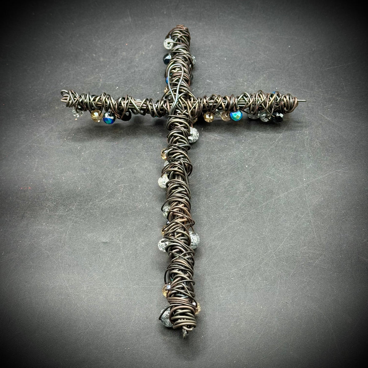 Artisan Metal Wrapped Cross with Faceted Beads