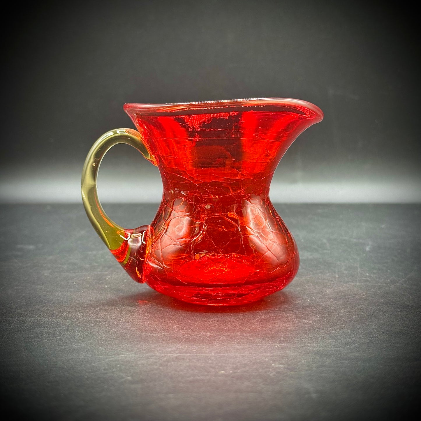 Vintage Amberina Crackle Glass Handled Pitcher