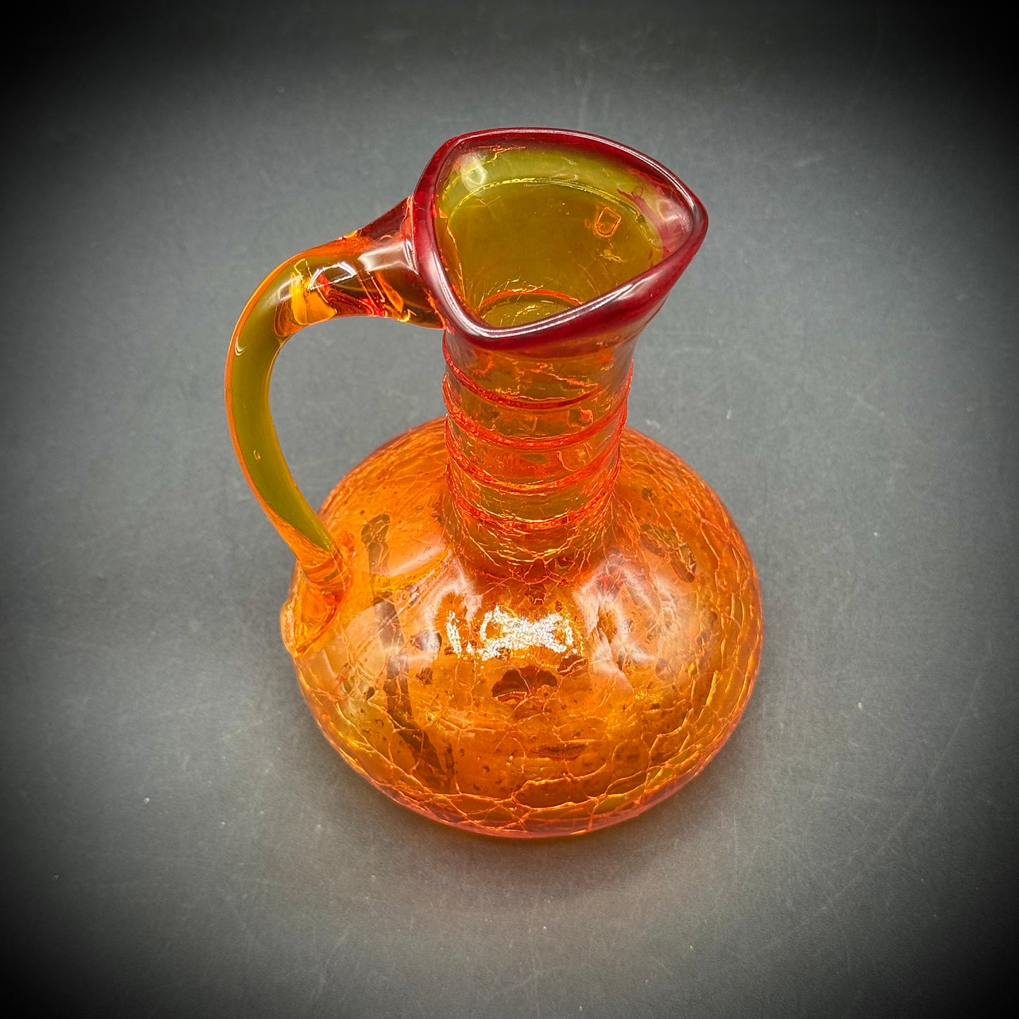 Vintage Long Neck Amberina Crackle Glass Handled Pitcher