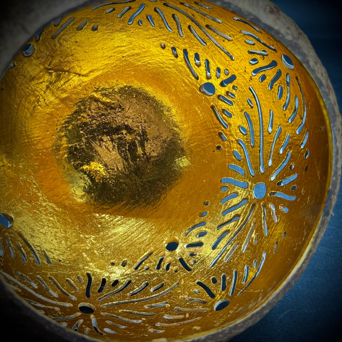 Carved Coconut Shell with Gold Painted Interior