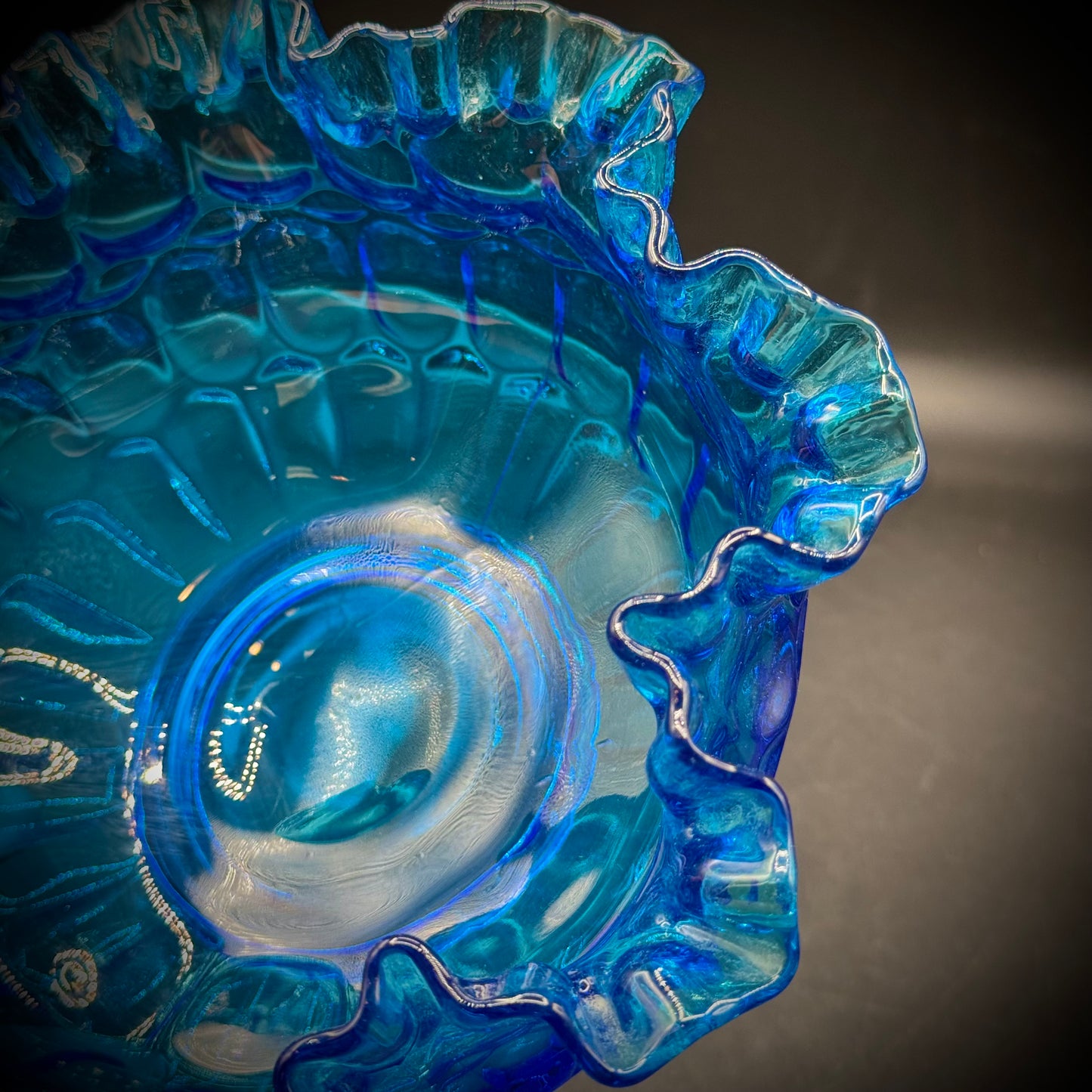 Vintage Fenton Blue Glass Ruffle Dish