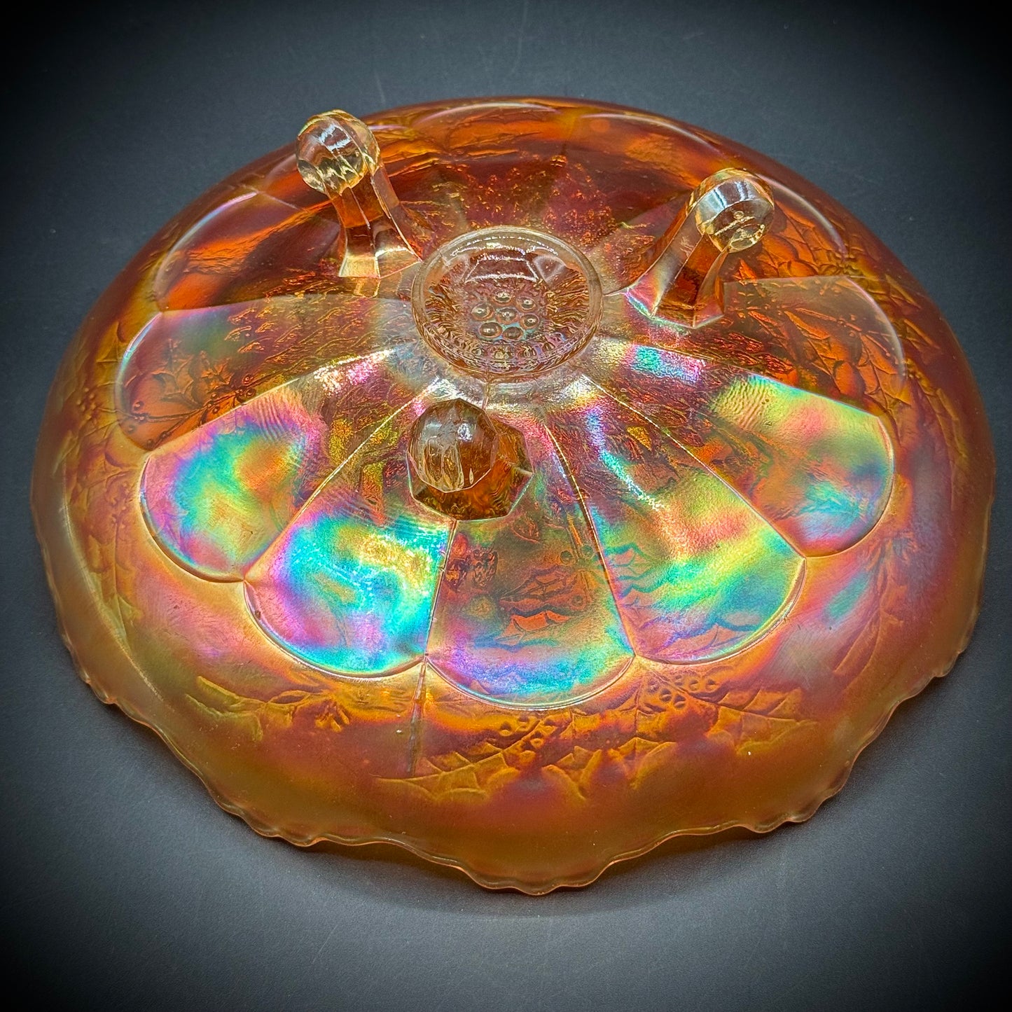 Large Carnival Glass Footed Dish - Stag & Holly Marigold