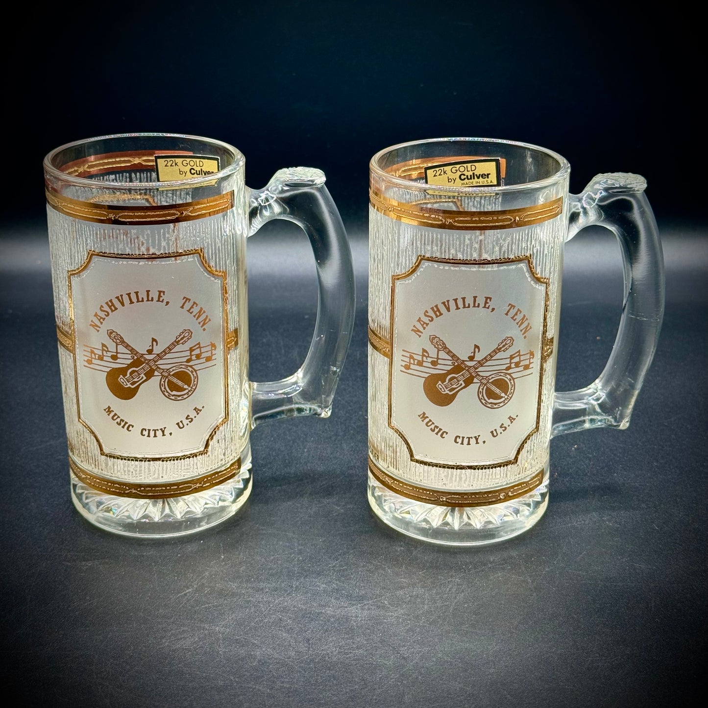 Pair of Vintage Culver 22kt Gold Trim Nashville Music City, USA Glass Mugs