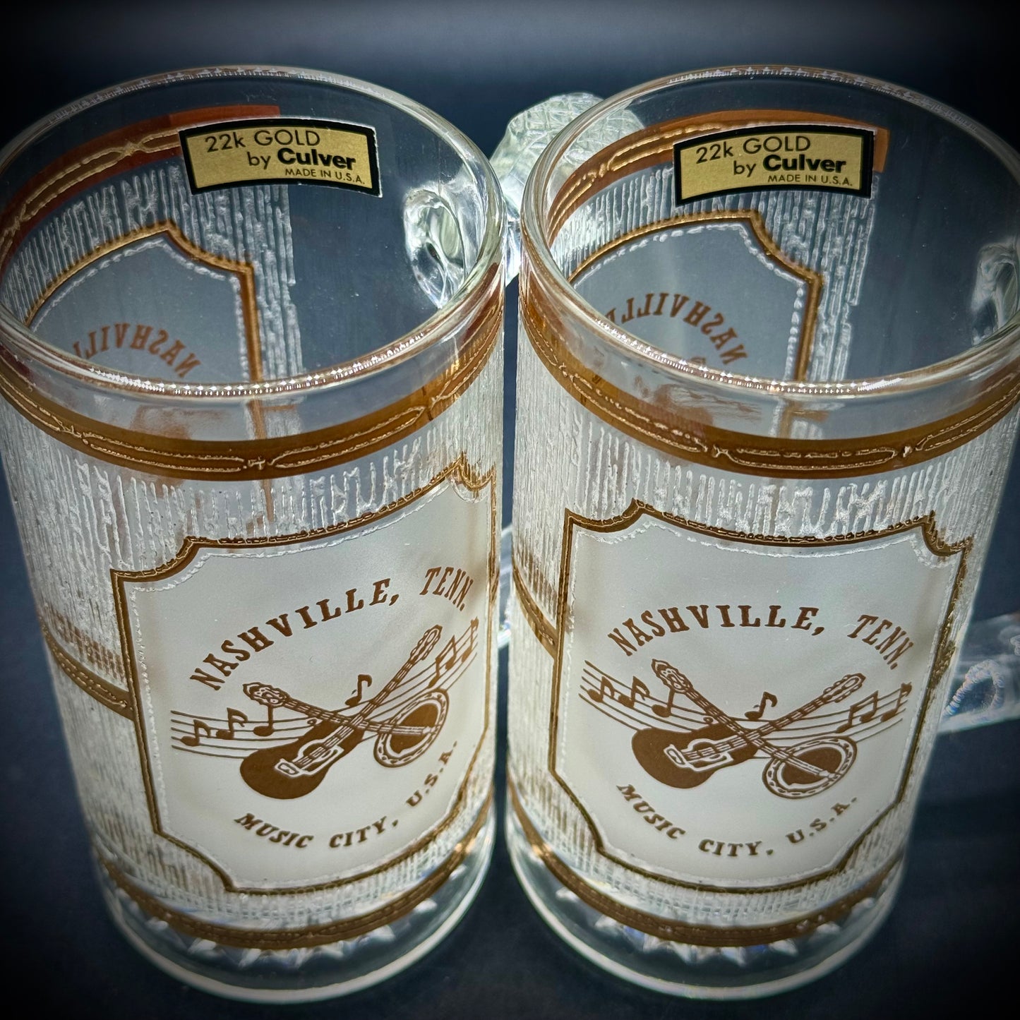 Pair of Vintage Culver 22kt Gold Trim Nashville Music City, USA Glass Mugs