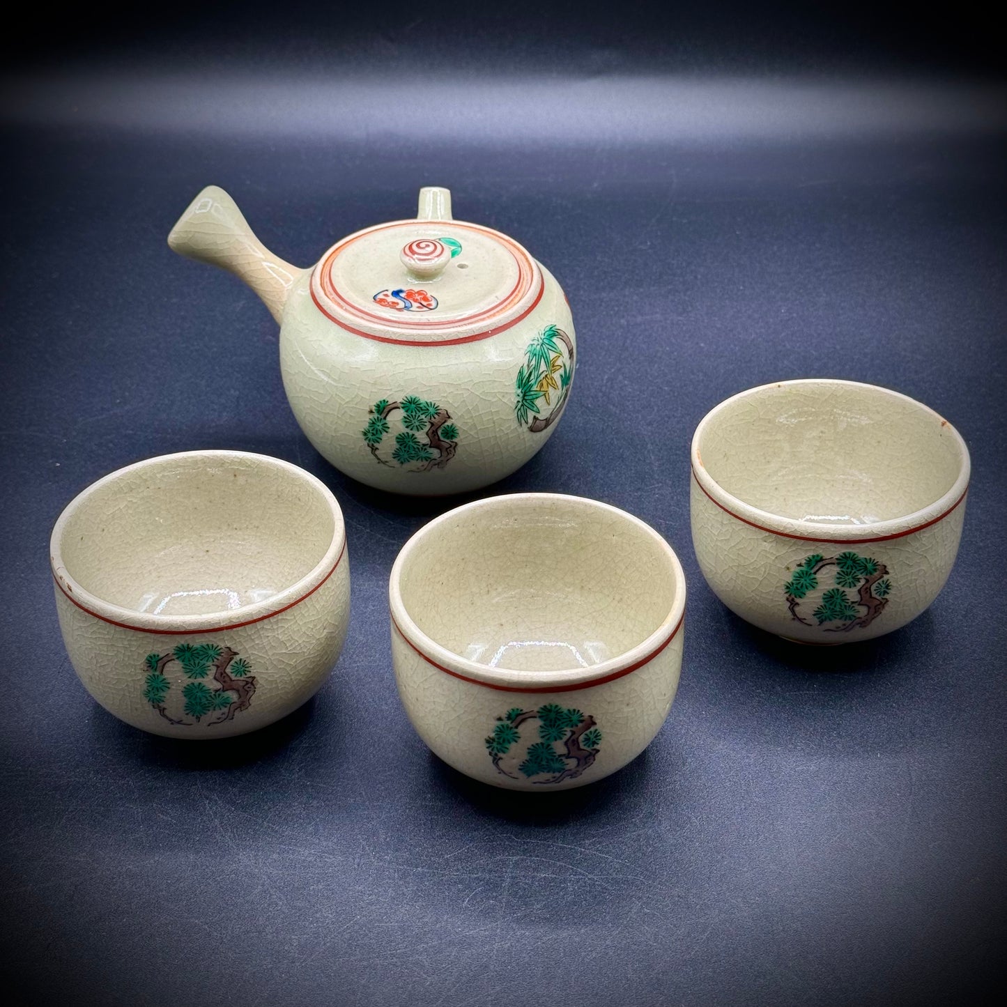 Vintage Kutani Japanese Side Handled Teapot with 3 Cups