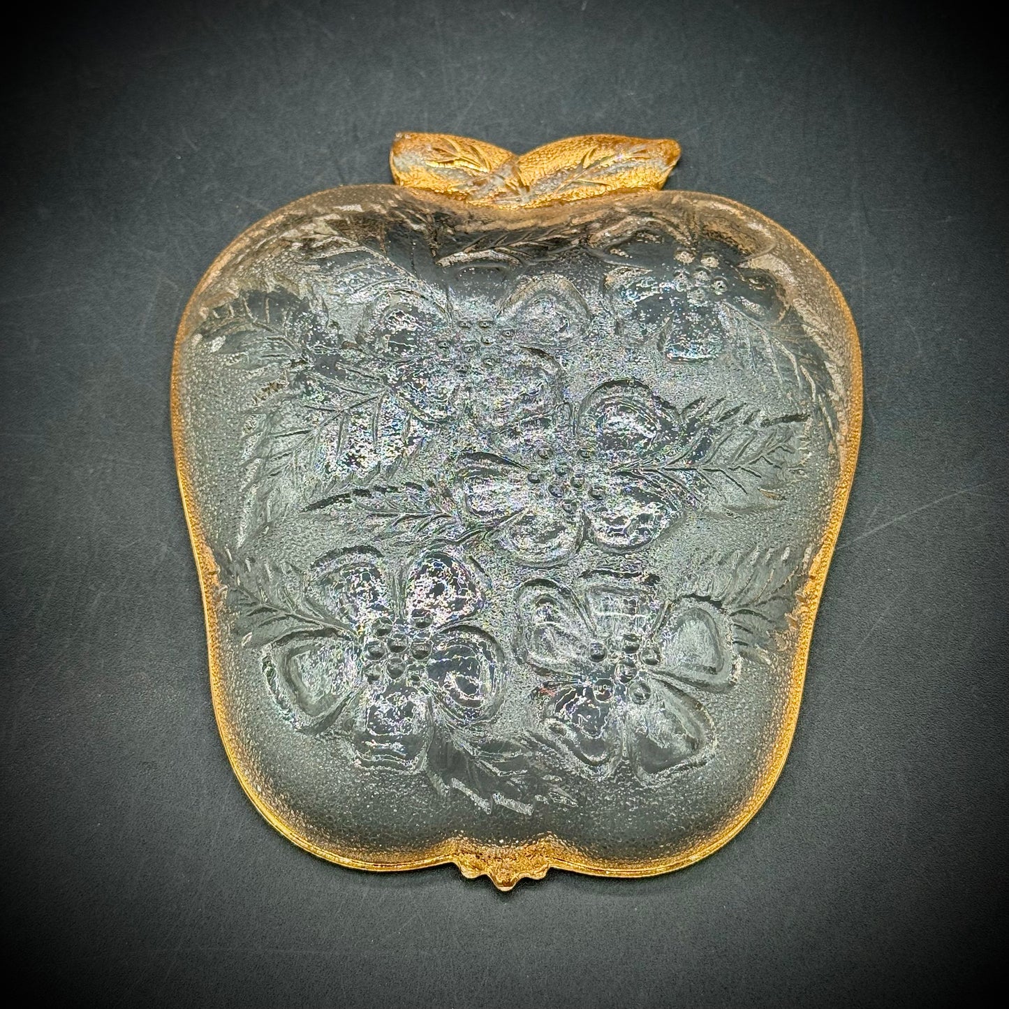 Gold Tone Trim and Glass Apple Candy/Nut Dish