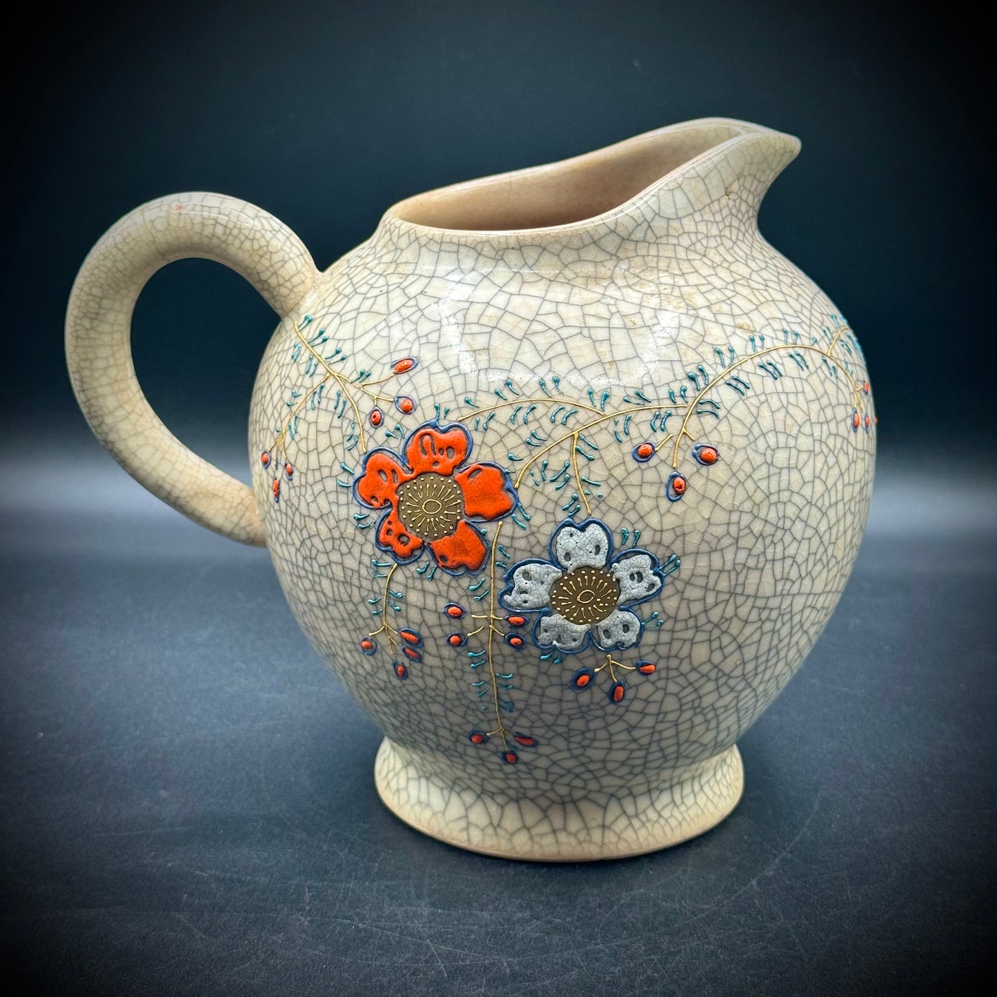 Vintage Crackle Glaze with Raised Flowers & Gold Accent Pitcher