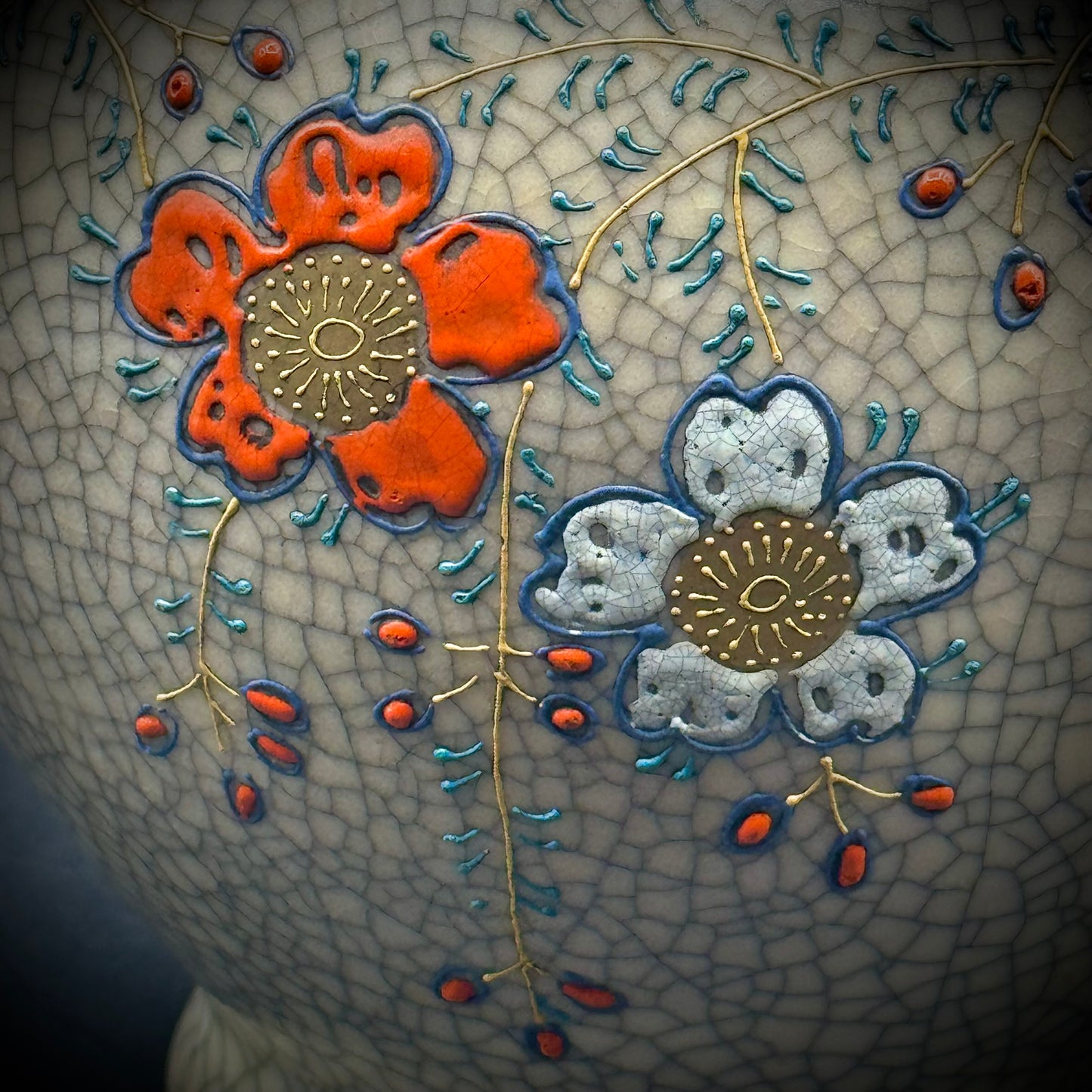 Vintage Crackle Glaze with Raised Flowers & Gold Accent Pitcher