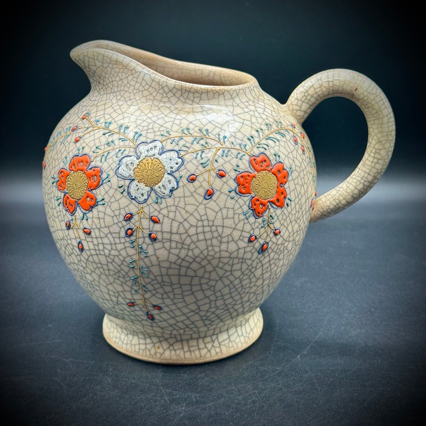 Vintage Crackle Glaze with Raised Flowers & Gold Accent Pitcher
