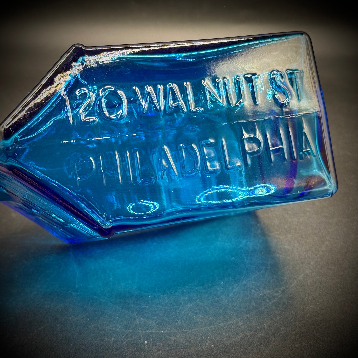 Vintage Wheaton Cobalt Blue Glass Bottle Log Cabin Motif