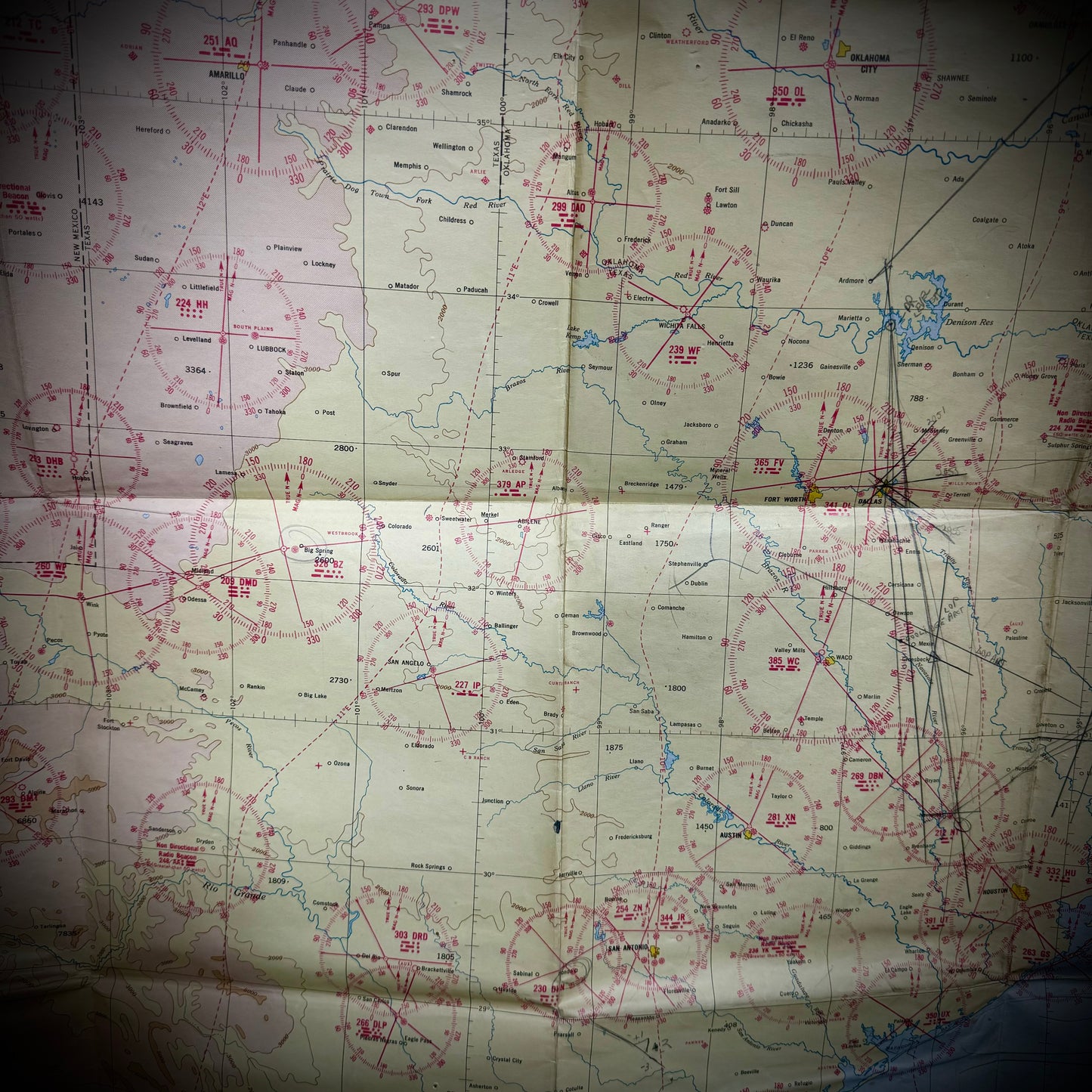 Original WWII "Jolly Roger " Bomber Group Navigation Chart of Texas & Surrounding States