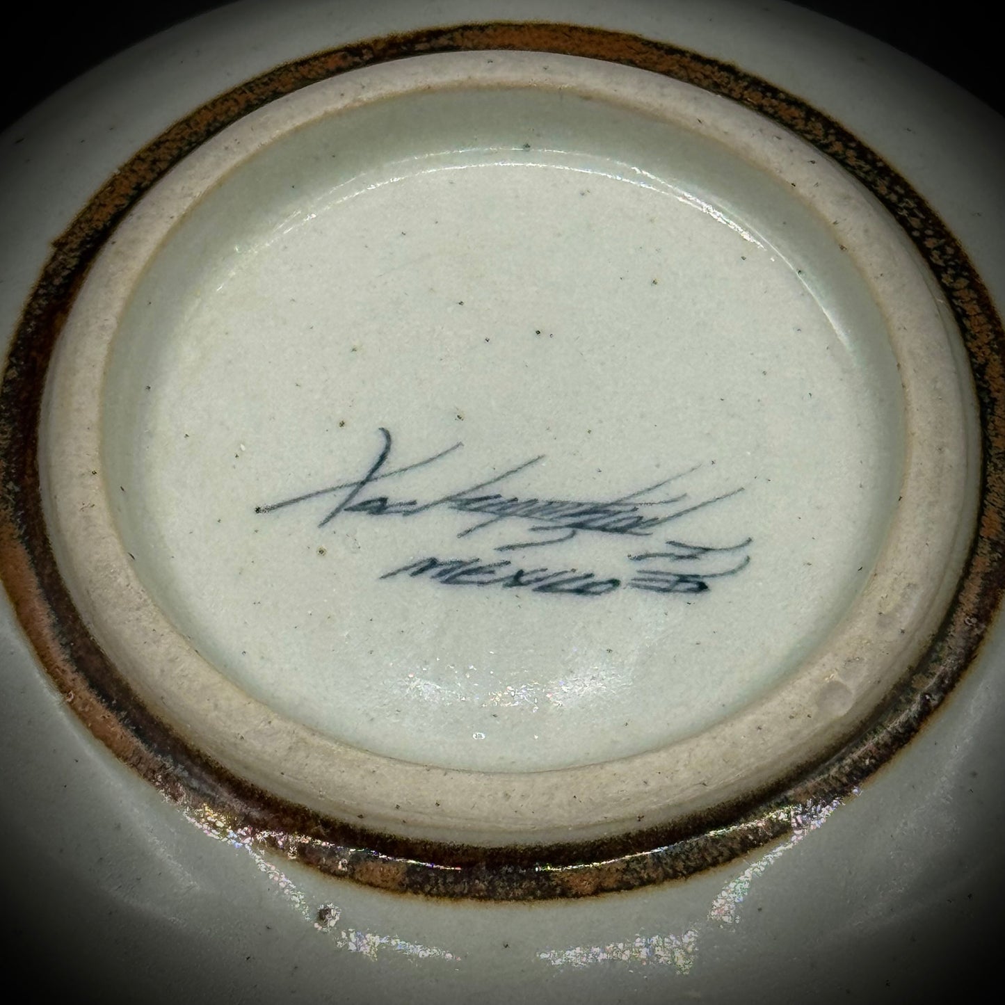 Artist Signed Tonala Bowl with Textured Brown Handle
