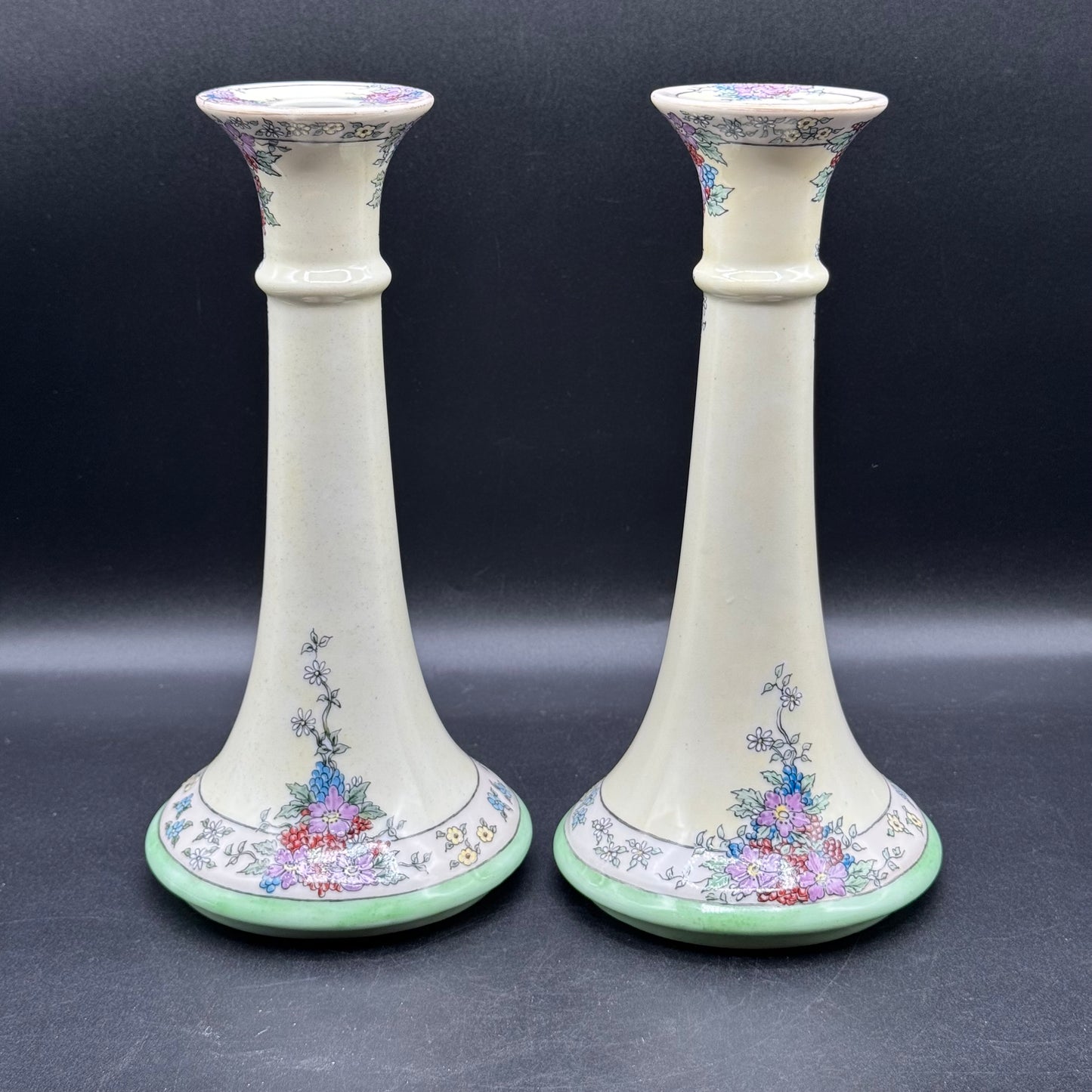 Pair of Antique Painted Flower Candlesticks