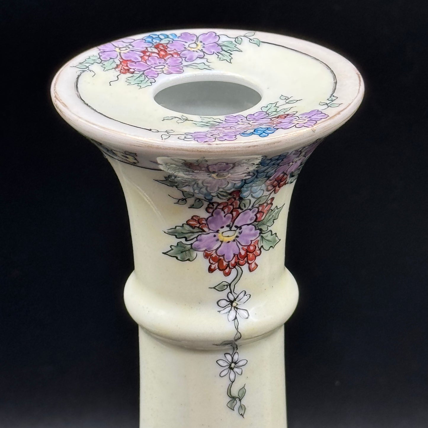 Pair of Antique Painted Flower Candlesticks