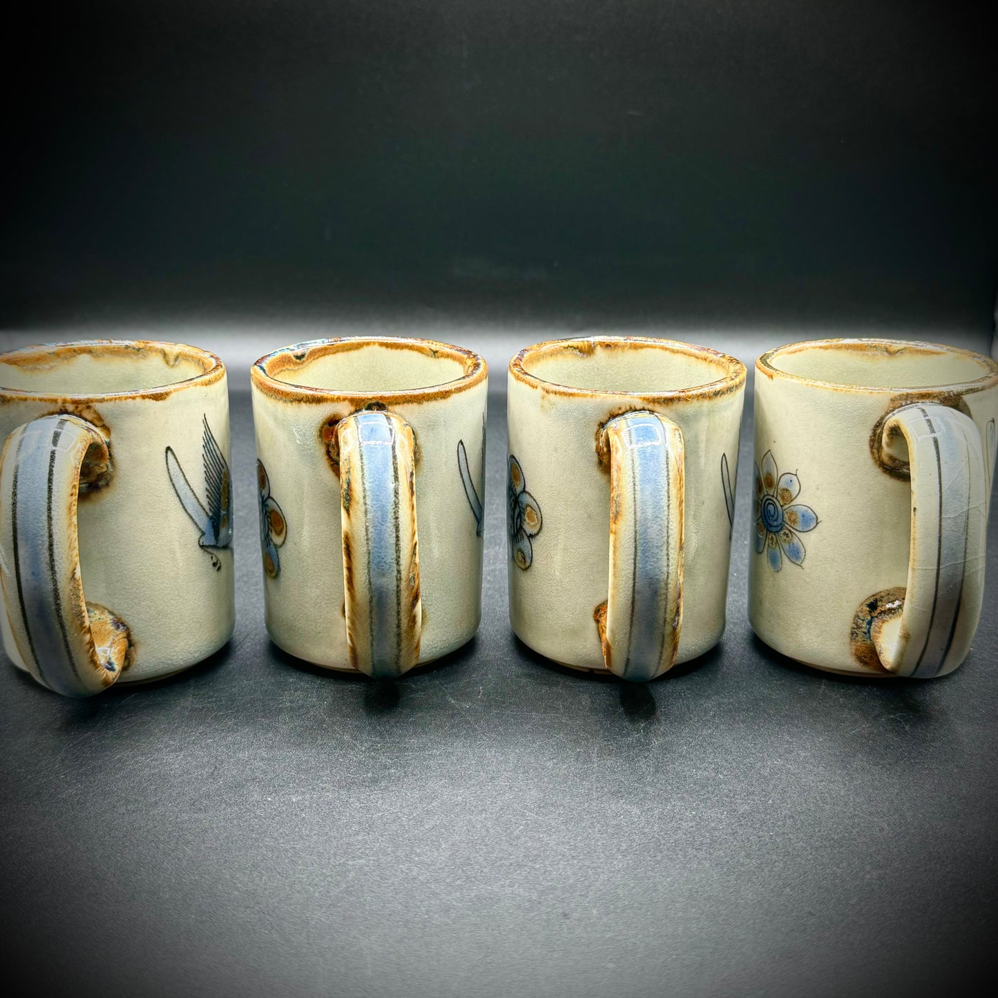 Set of 4 Ken Edwards Signed Tonala Mexico El Palomar Blue Mugs