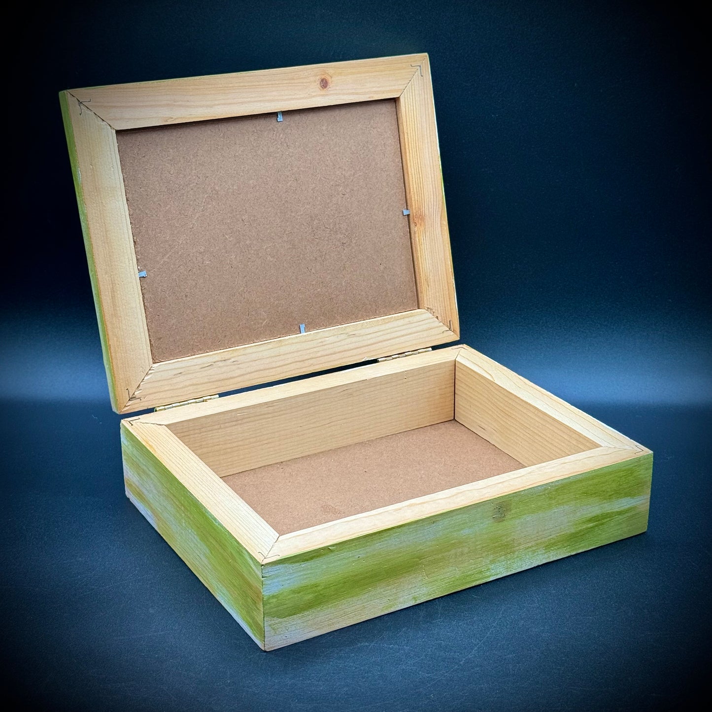 Lovely Green & Yellow Hand Painted Wood Bird Motif Jewelry Box