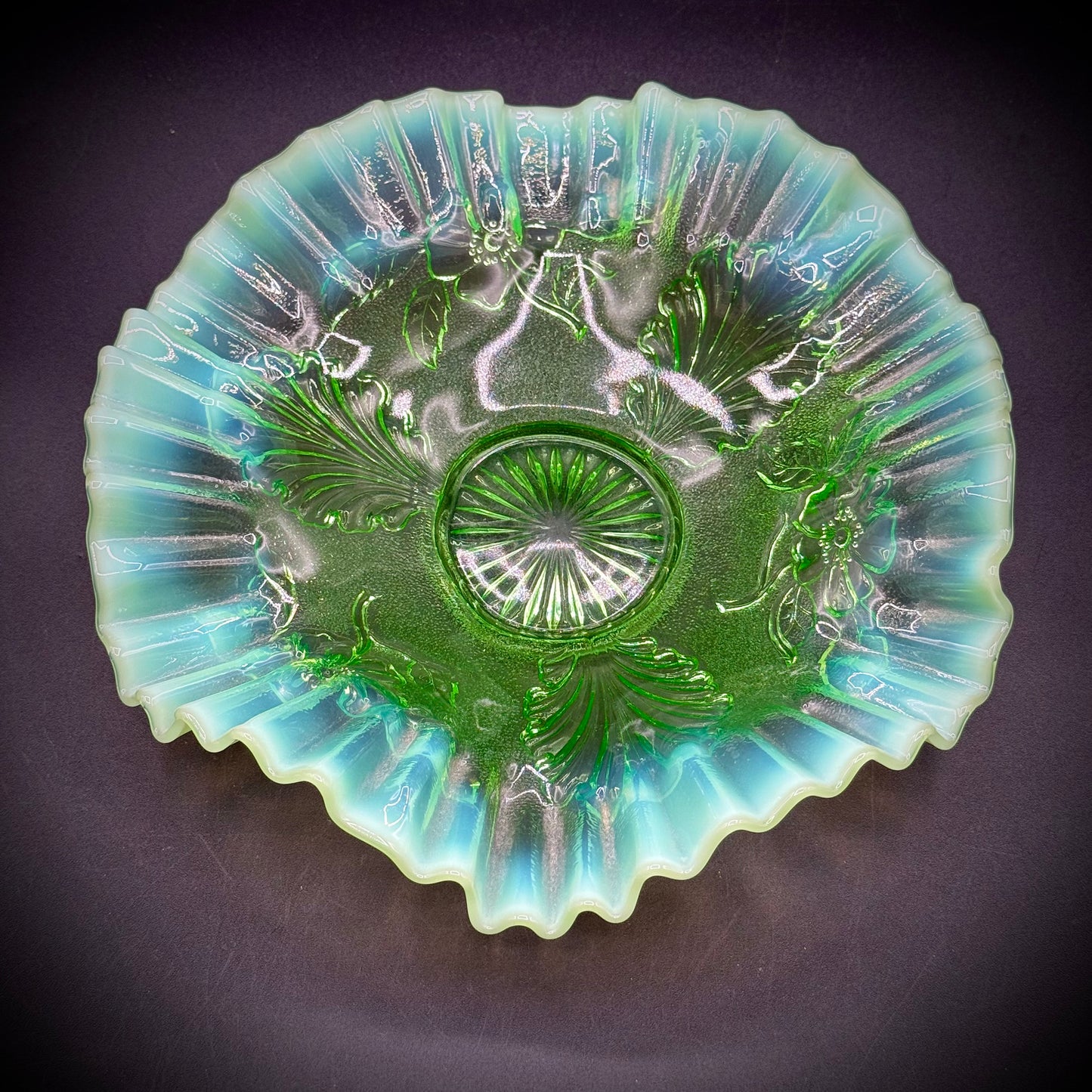 Vintage Jefferson Glass Opalescent Green and Blue Ruffled Bowl