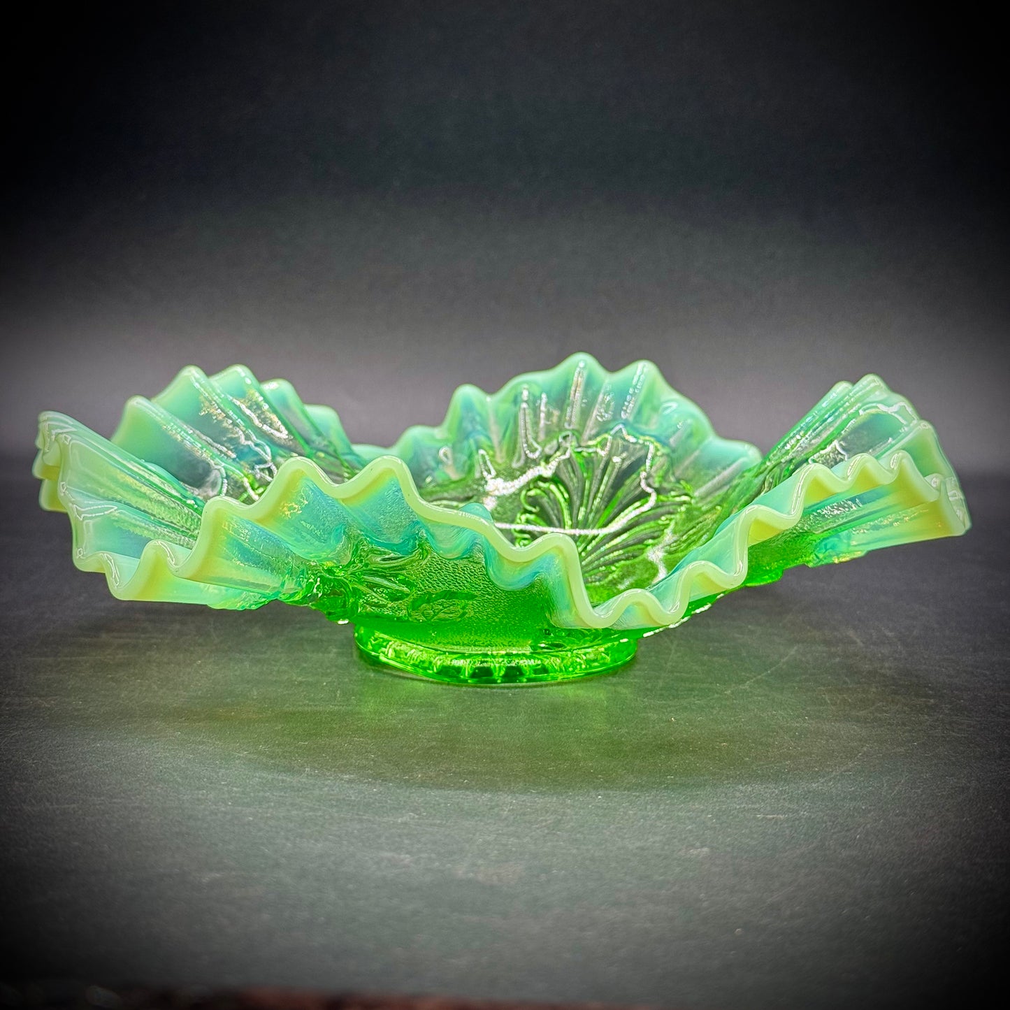 Vintage Jefferson Glass Opalescent Green and Blue Ruffled Bowl