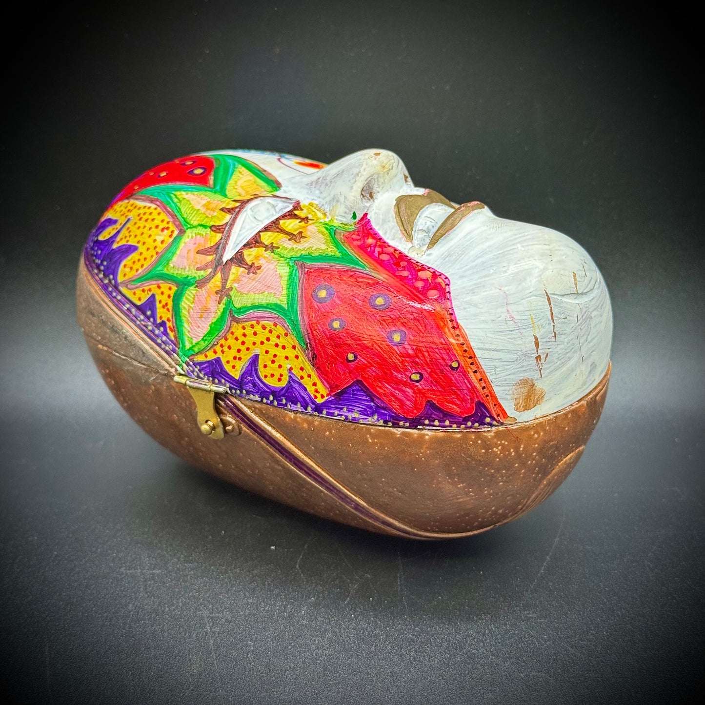 Whimsical Mask Motif Carved Wood Box